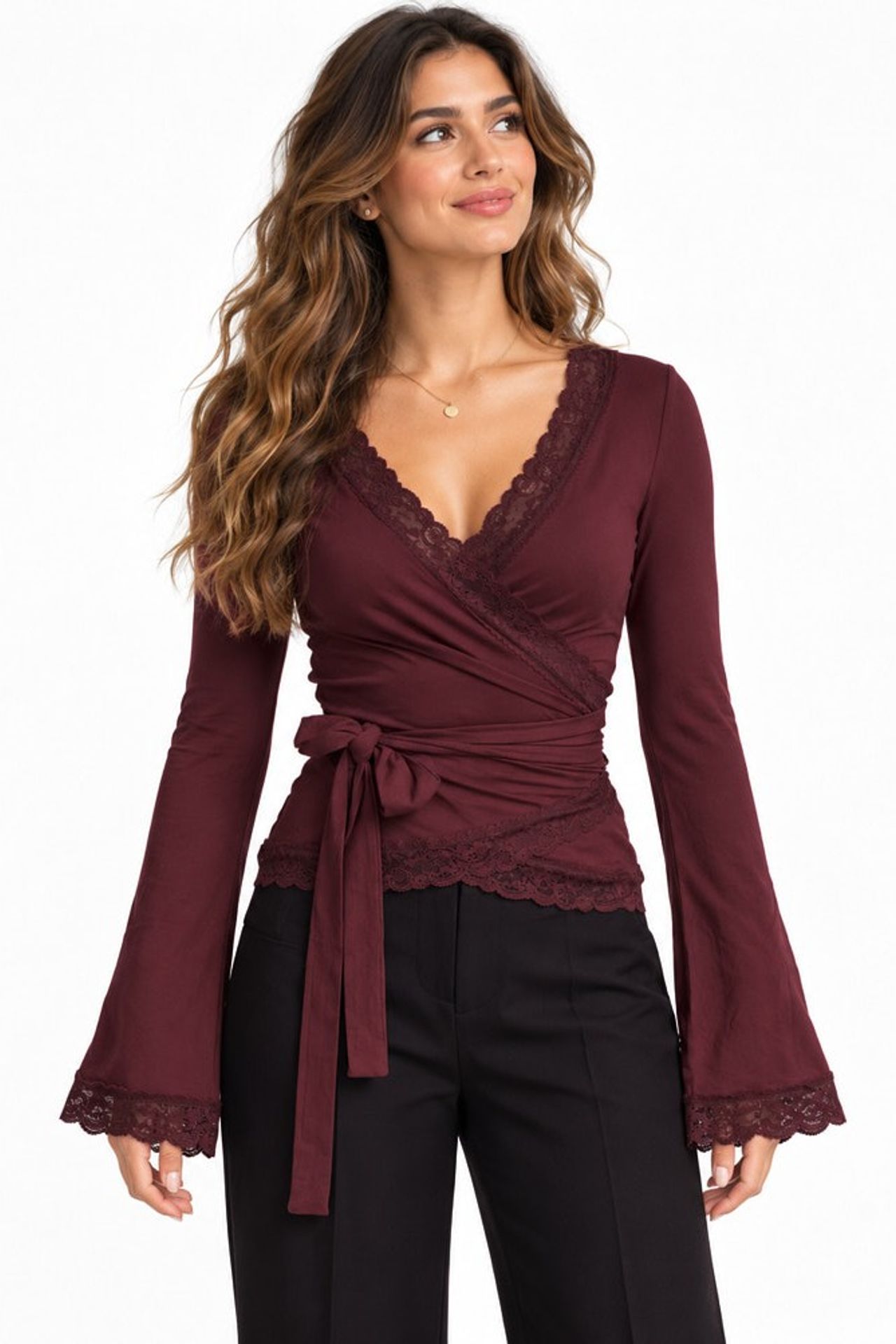 Lace Detail Wrap Neck Long Sleeve Tie Blouse 2