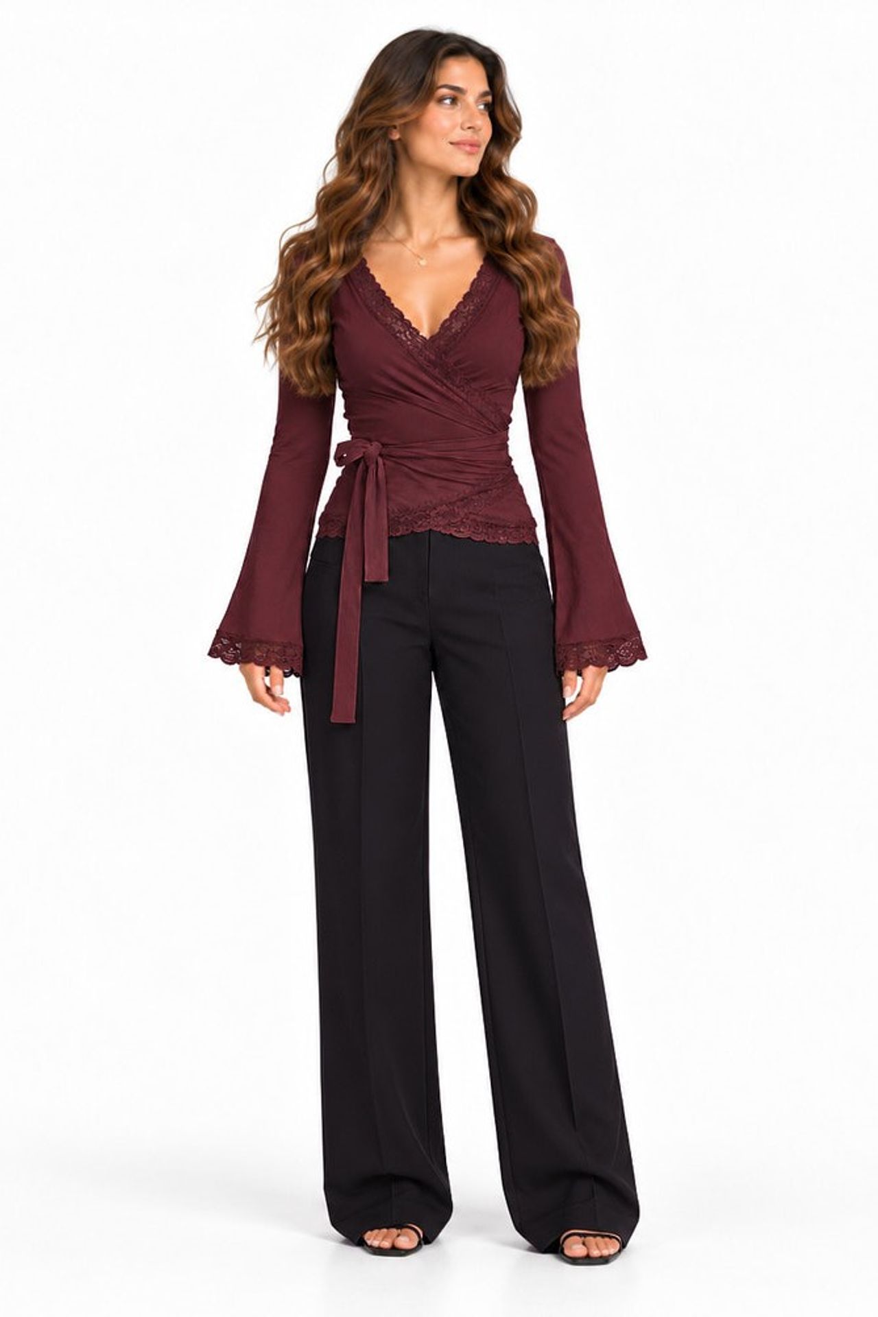 Lace Detail Wrap Neck Long Sleeve Tie Blouse 3