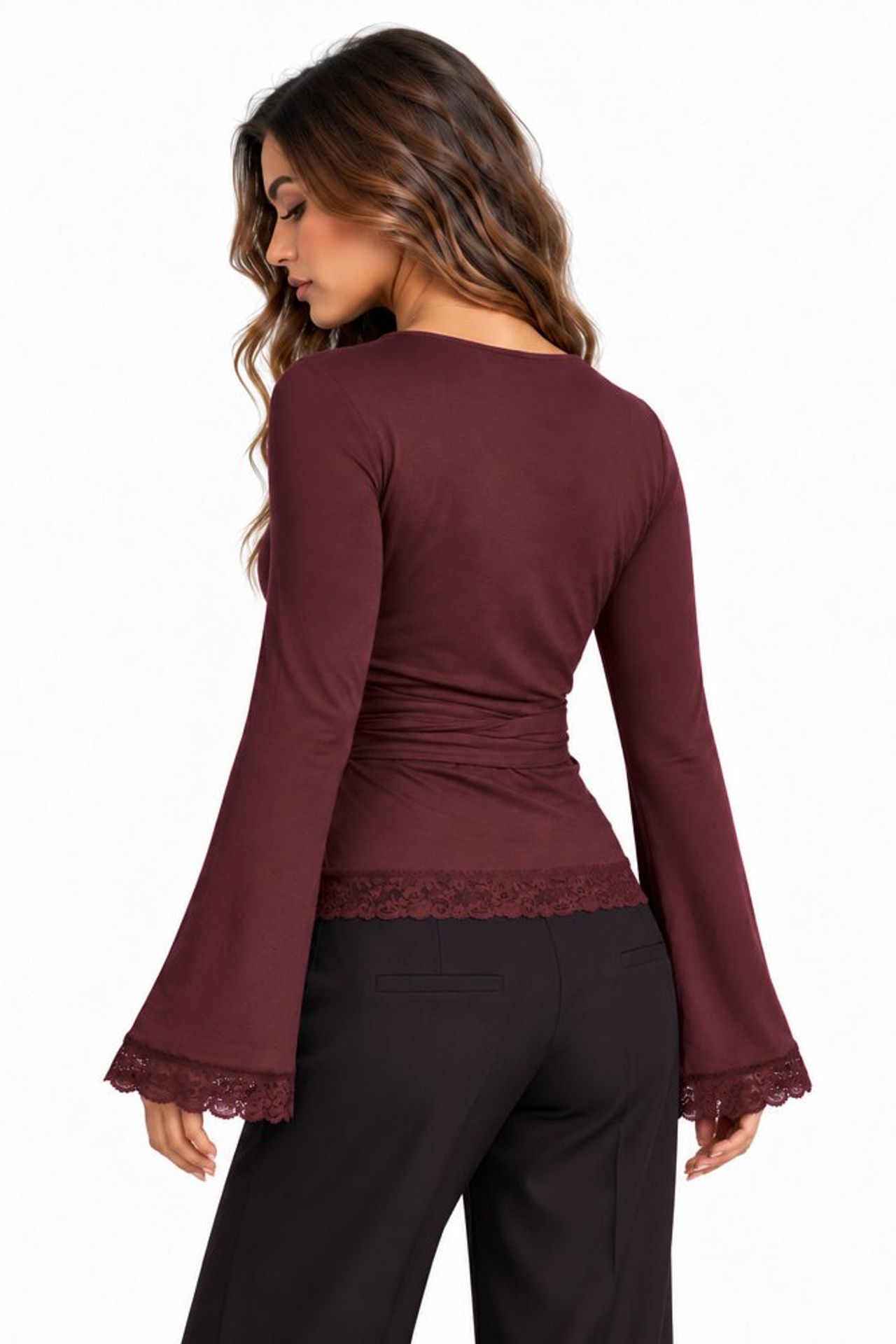 Lace Detail Wrap Neck Long Sleeve Tie Blouse 4