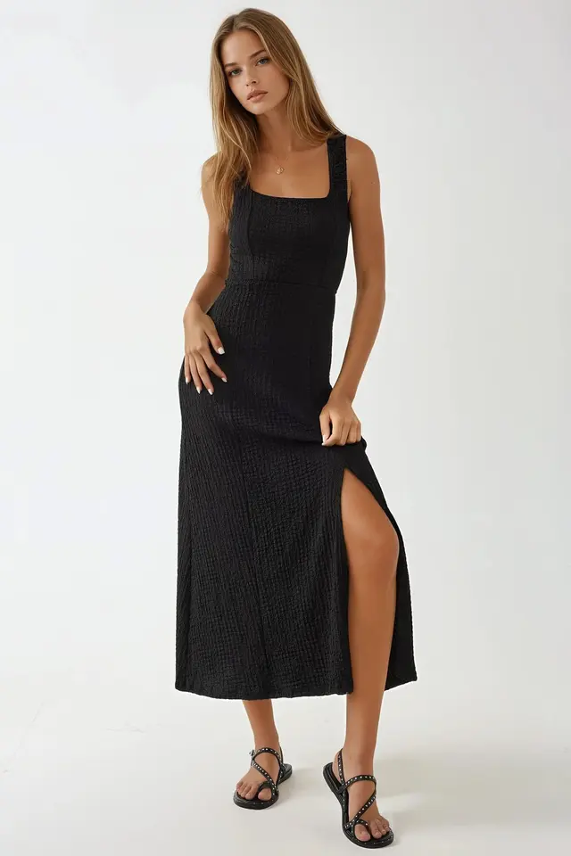 Textured Midi Dress with Square Collar