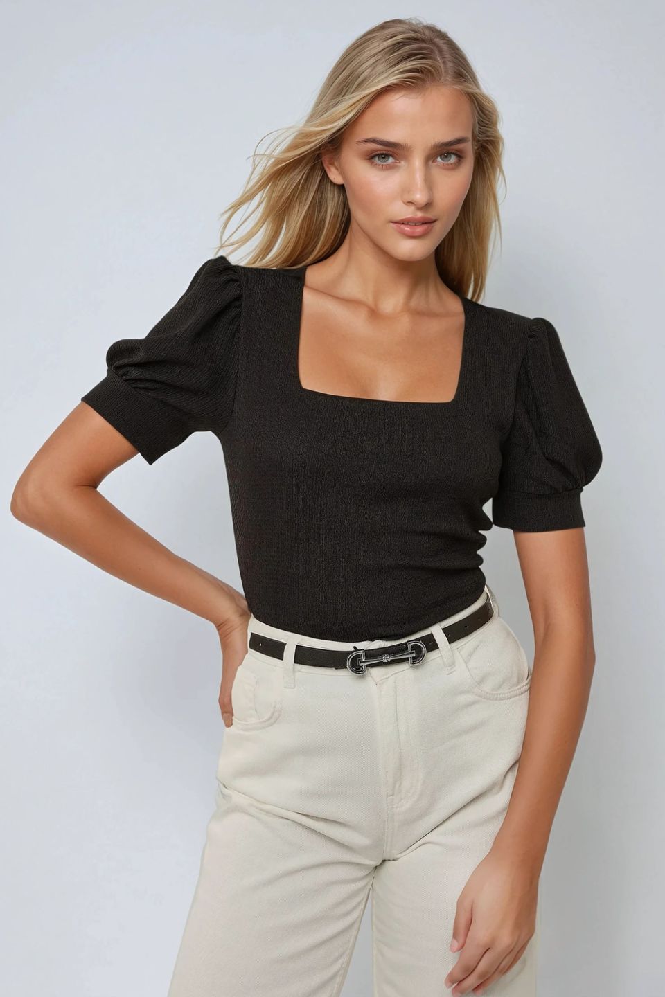 Square Neck Textured Fitted Blouse