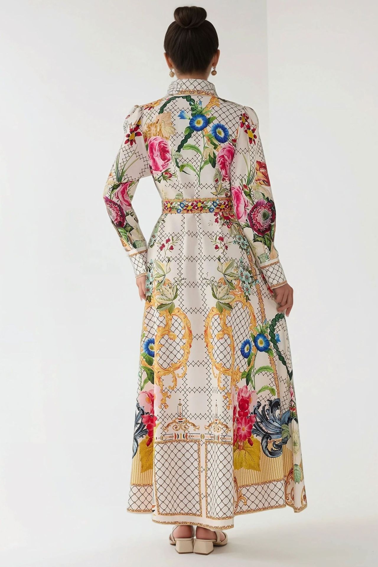 Printed Long Sleeve Maxi Dress with Belt
