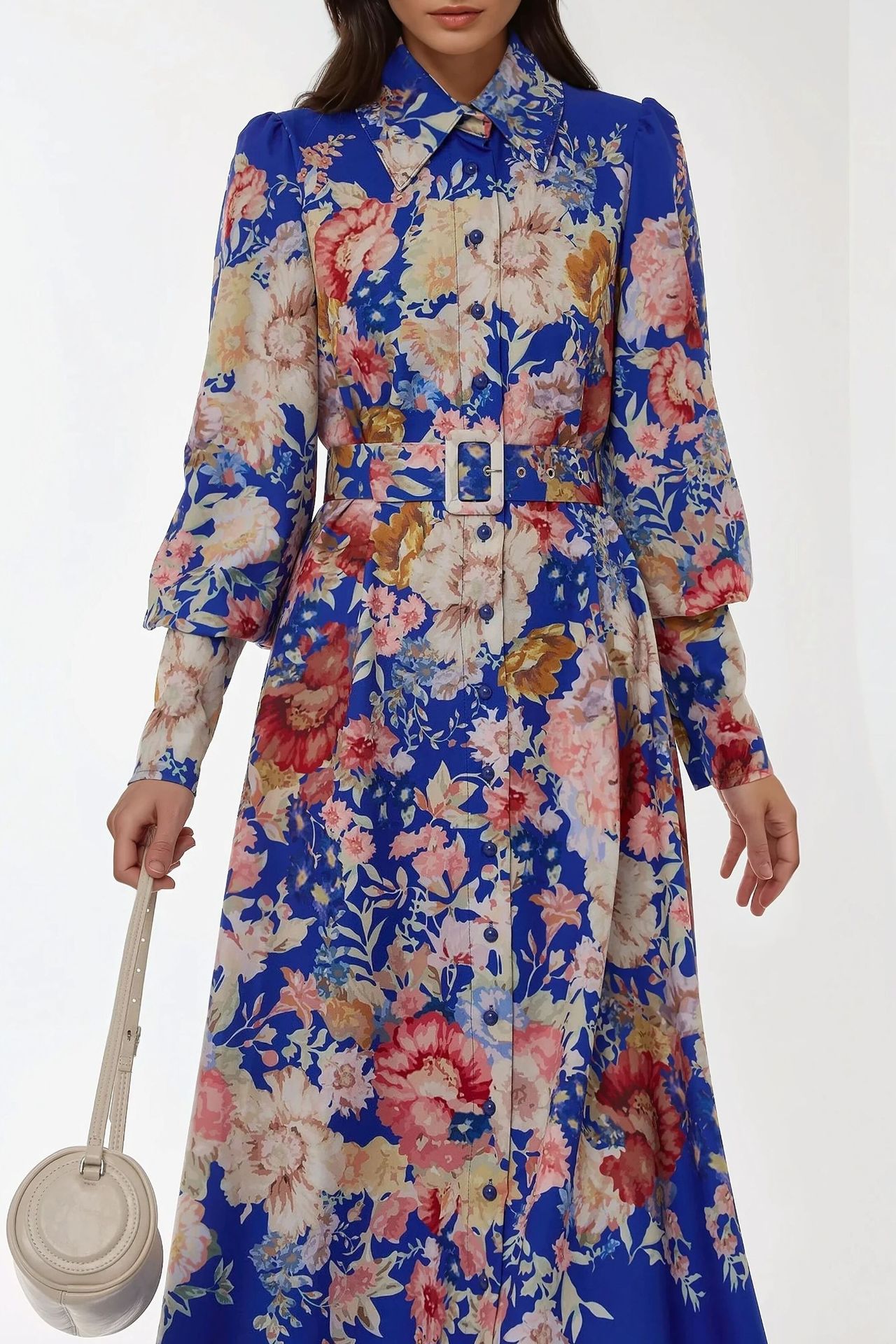 Printed Long Sleeve Maxi Dress with Belt