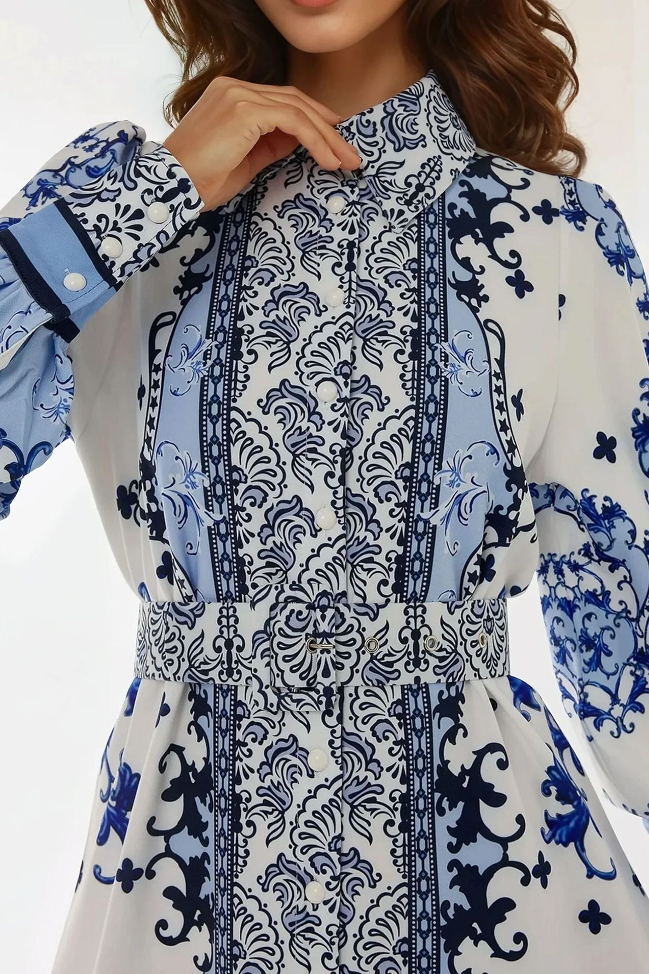 Printed Long Sleeve Maxi Dress with Belt
