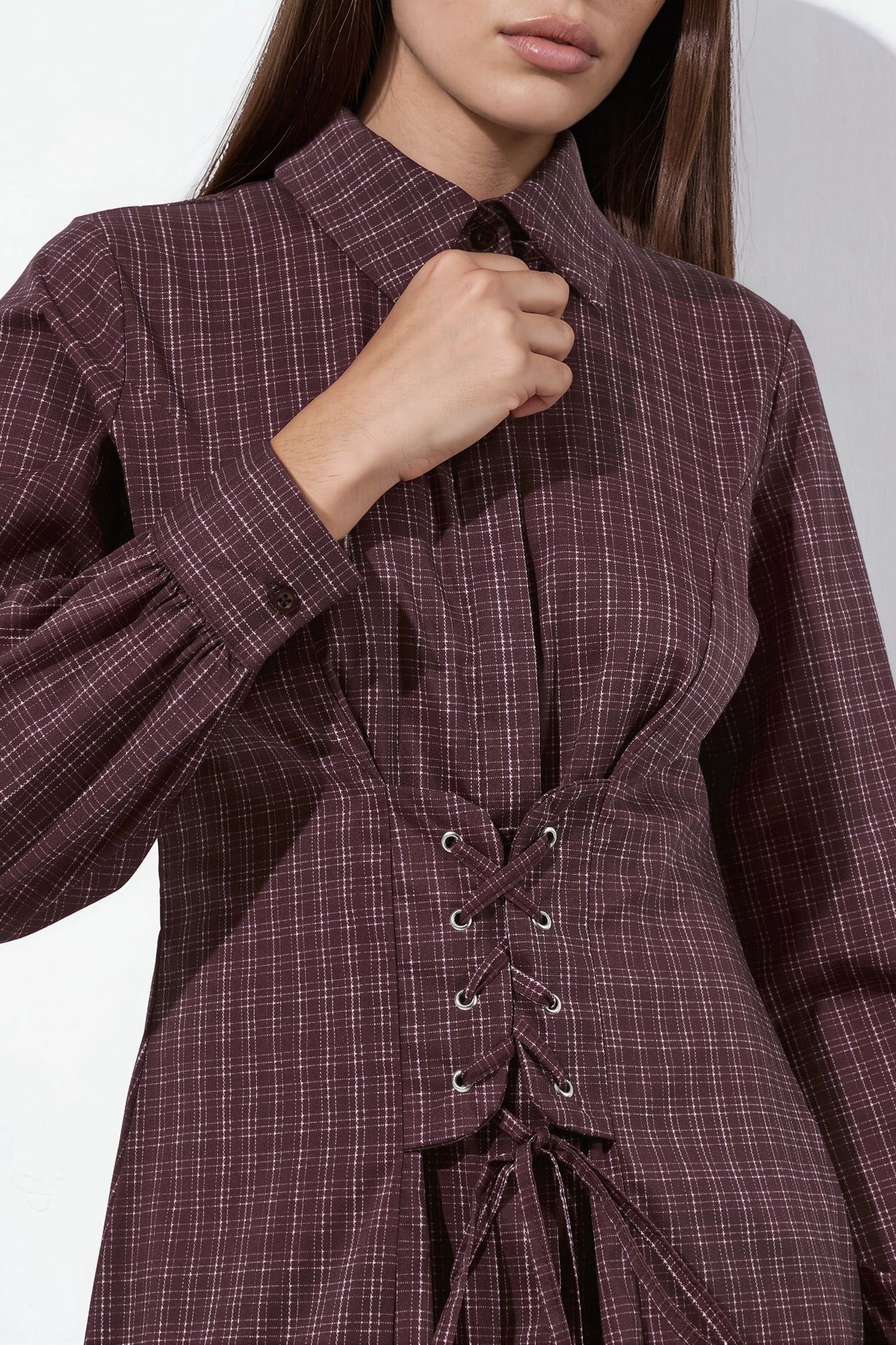 Plaid Shirt Dress with Corset Lace-Up Detail 5