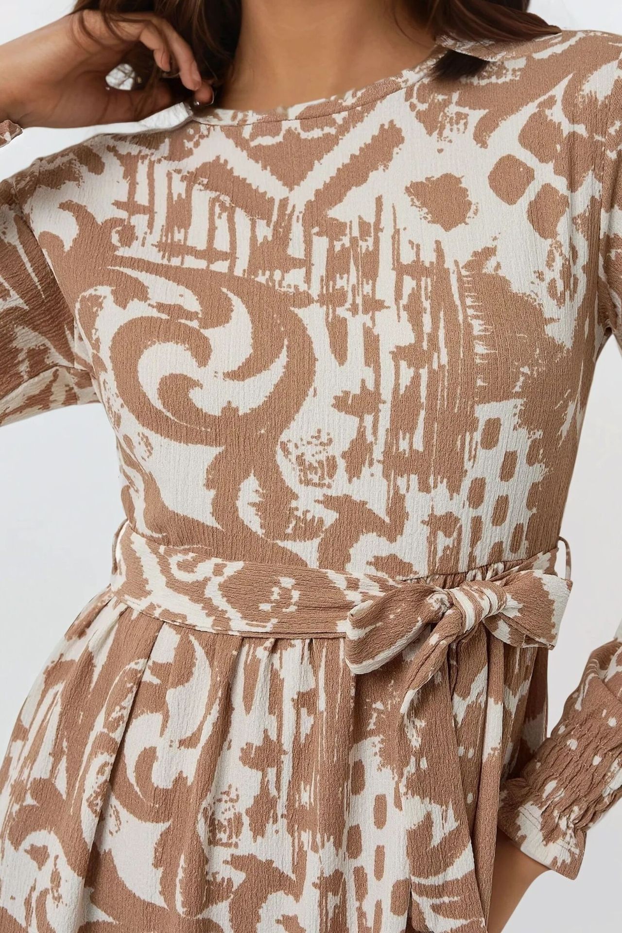 Printed Crew Neck Maxi Dress with Belt