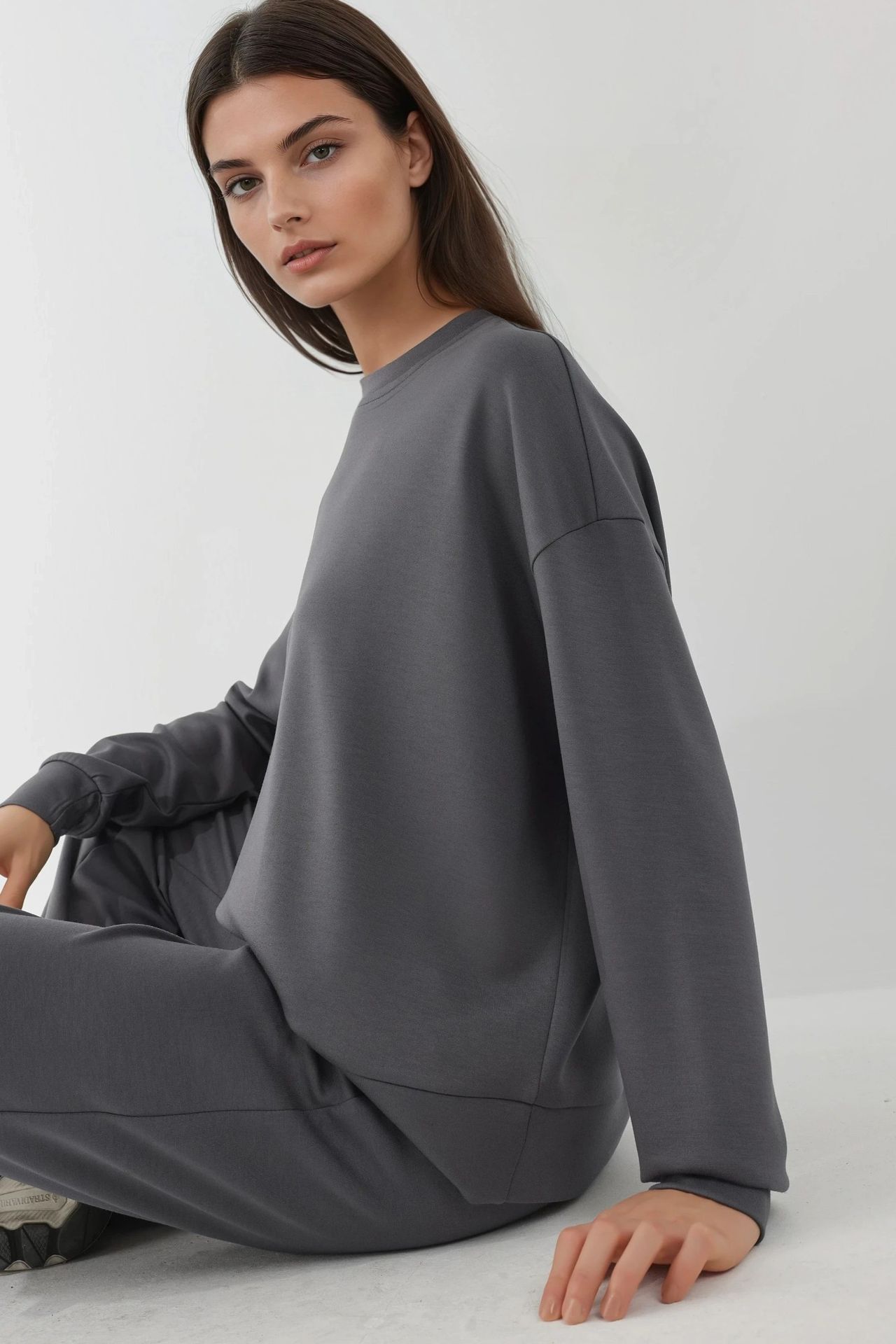 Modal Touch Basic Sweatshirt & Wide Leg Pants Two-Piece Coord Set 3