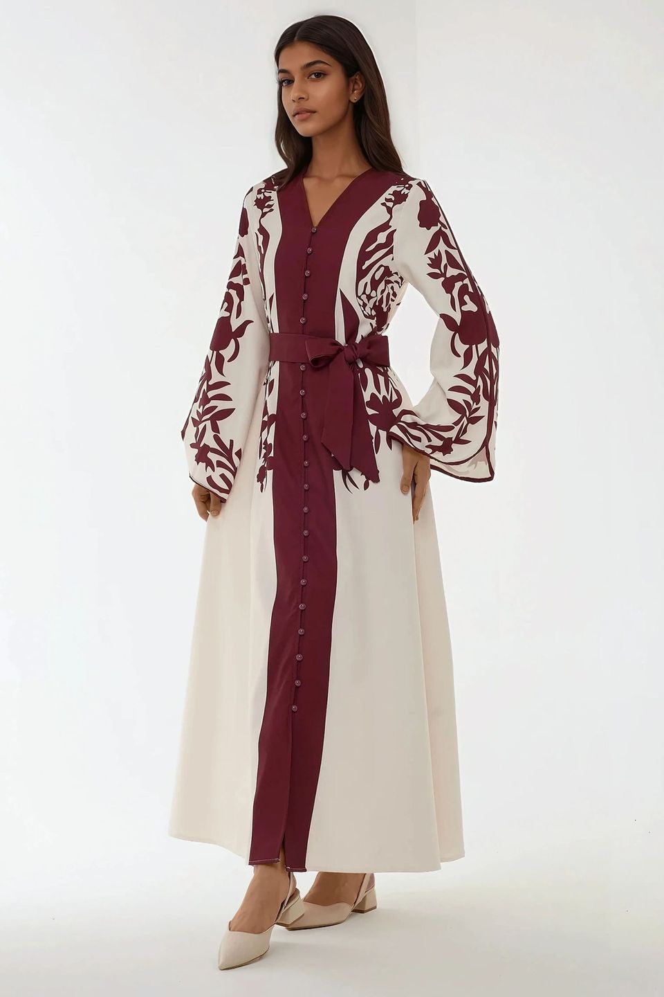 Embroidered Long Sleeve Maxi Dress with Belt