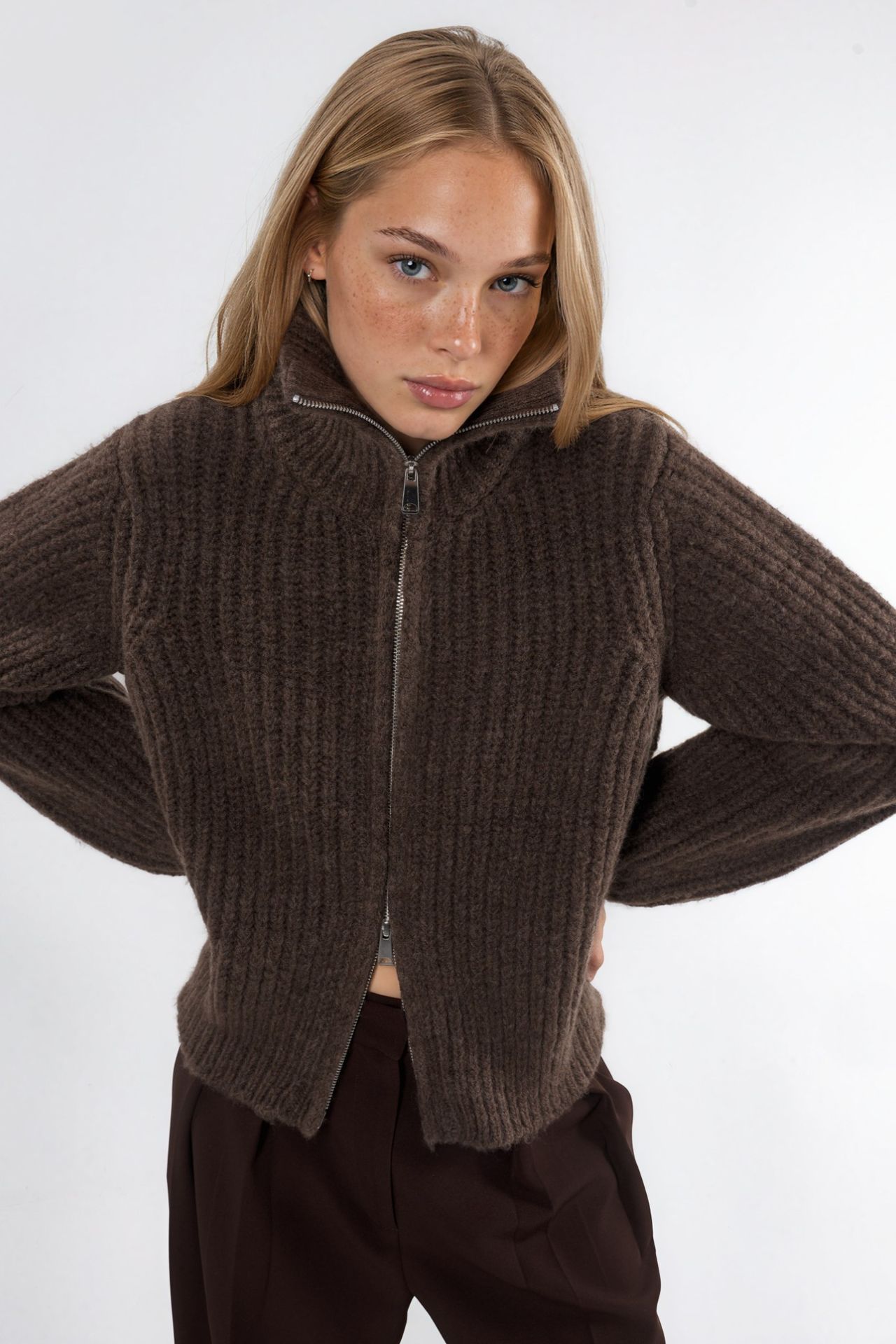 Thick Textured Turtleneck Zip-Up Cardigan 5