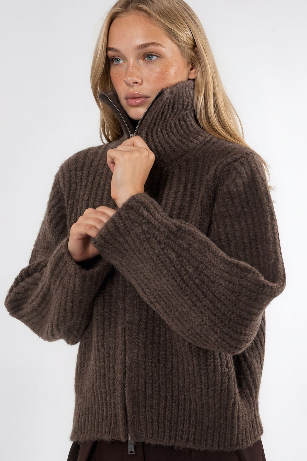 Thick Textured Turtleneck Zip-Up Cardigan 1