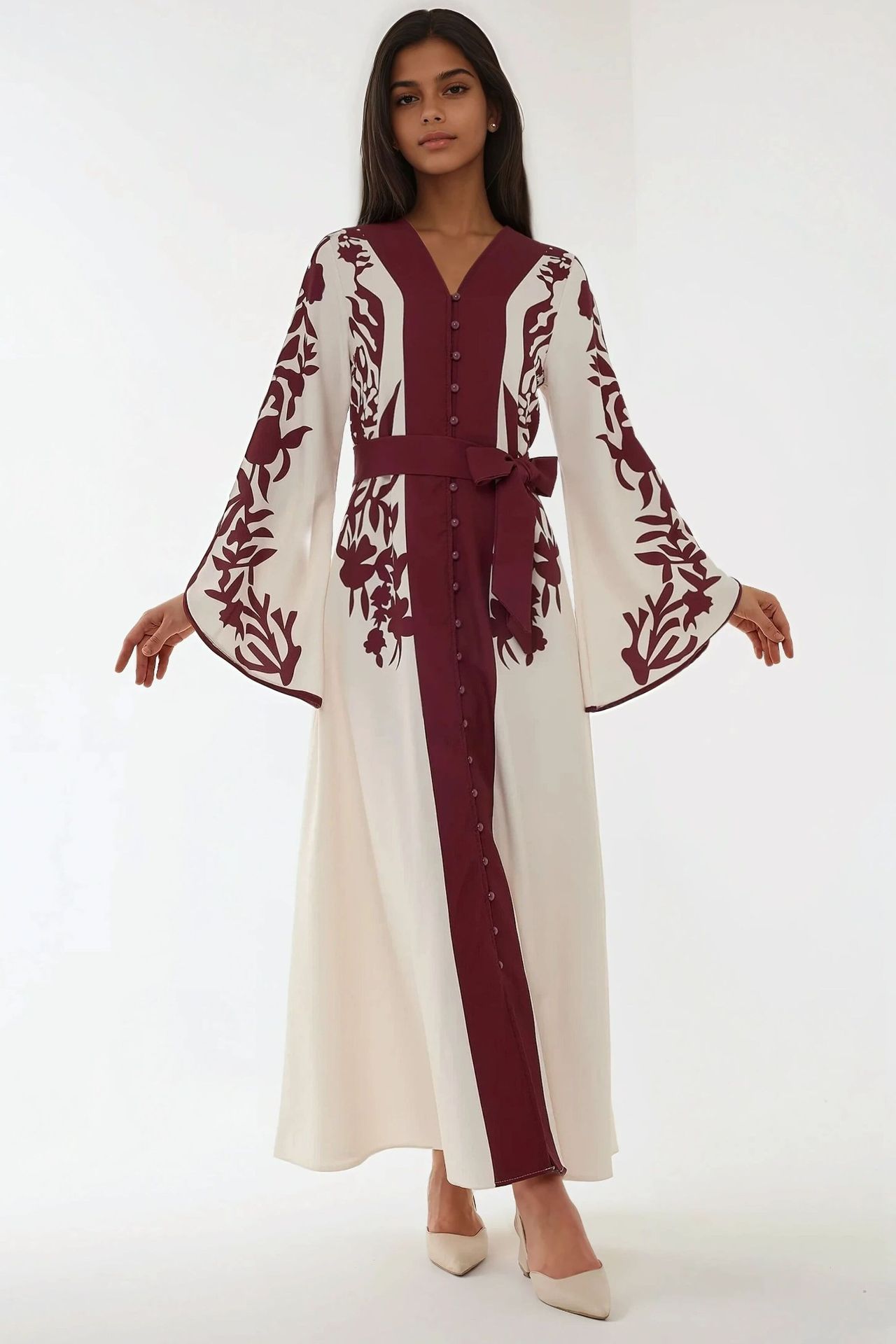 Embroidered Long Sleeve Maxi Dress with Belt