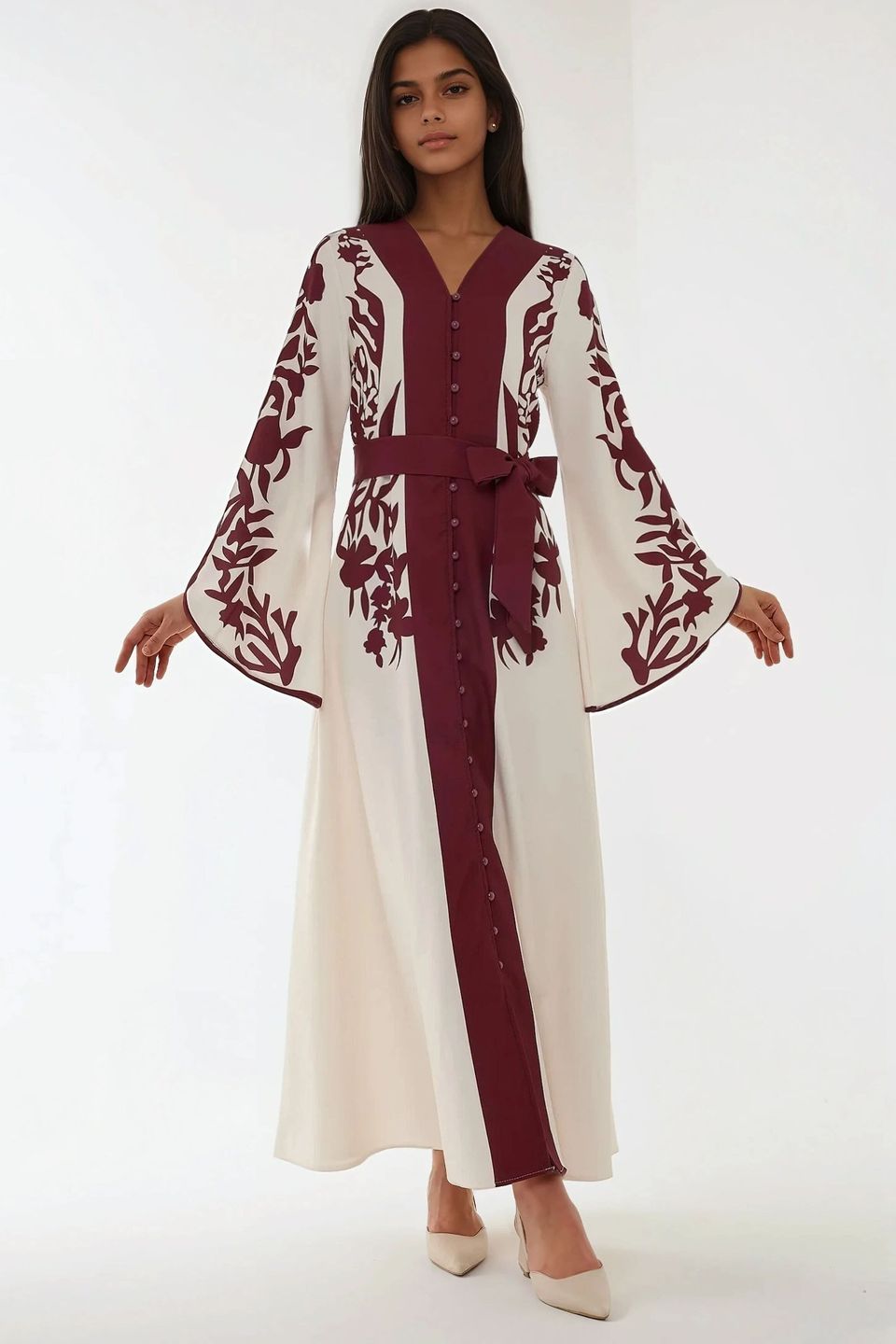 Embroidered Long Sleeve Maxi Dress with Belt