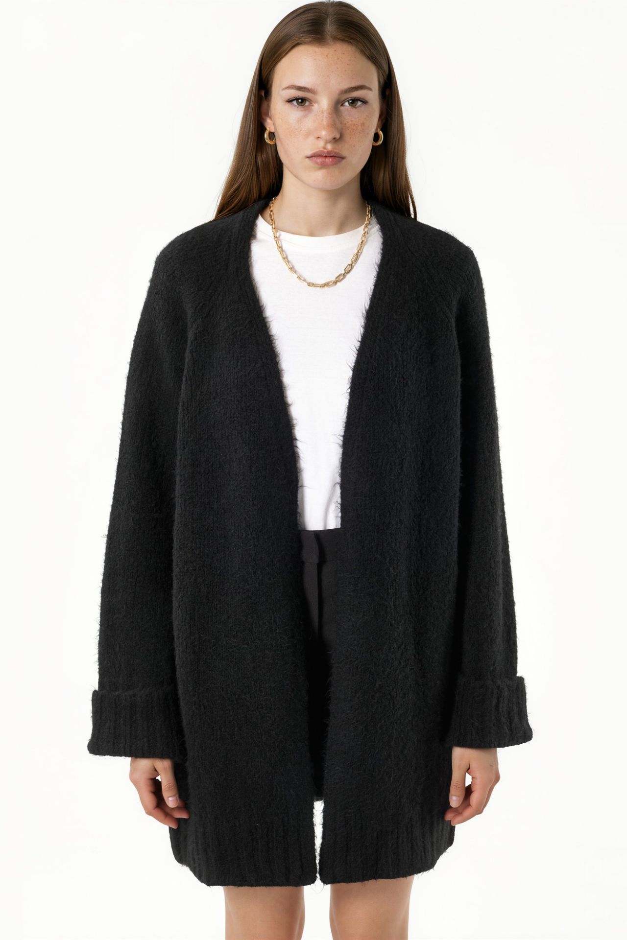 Long Ribbed Knit Cardigan with Open Collar 4