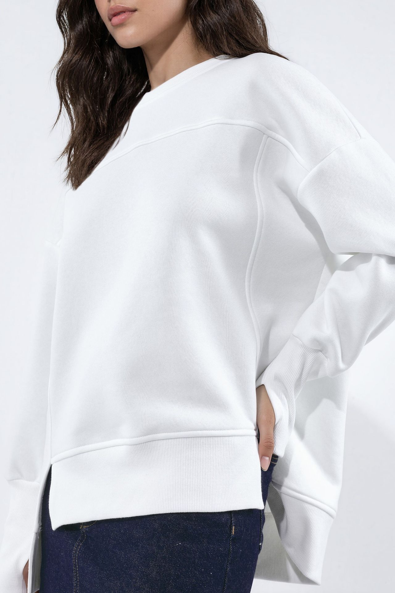 Crew Neck Oversized Sweatshirt with Front Slit 5