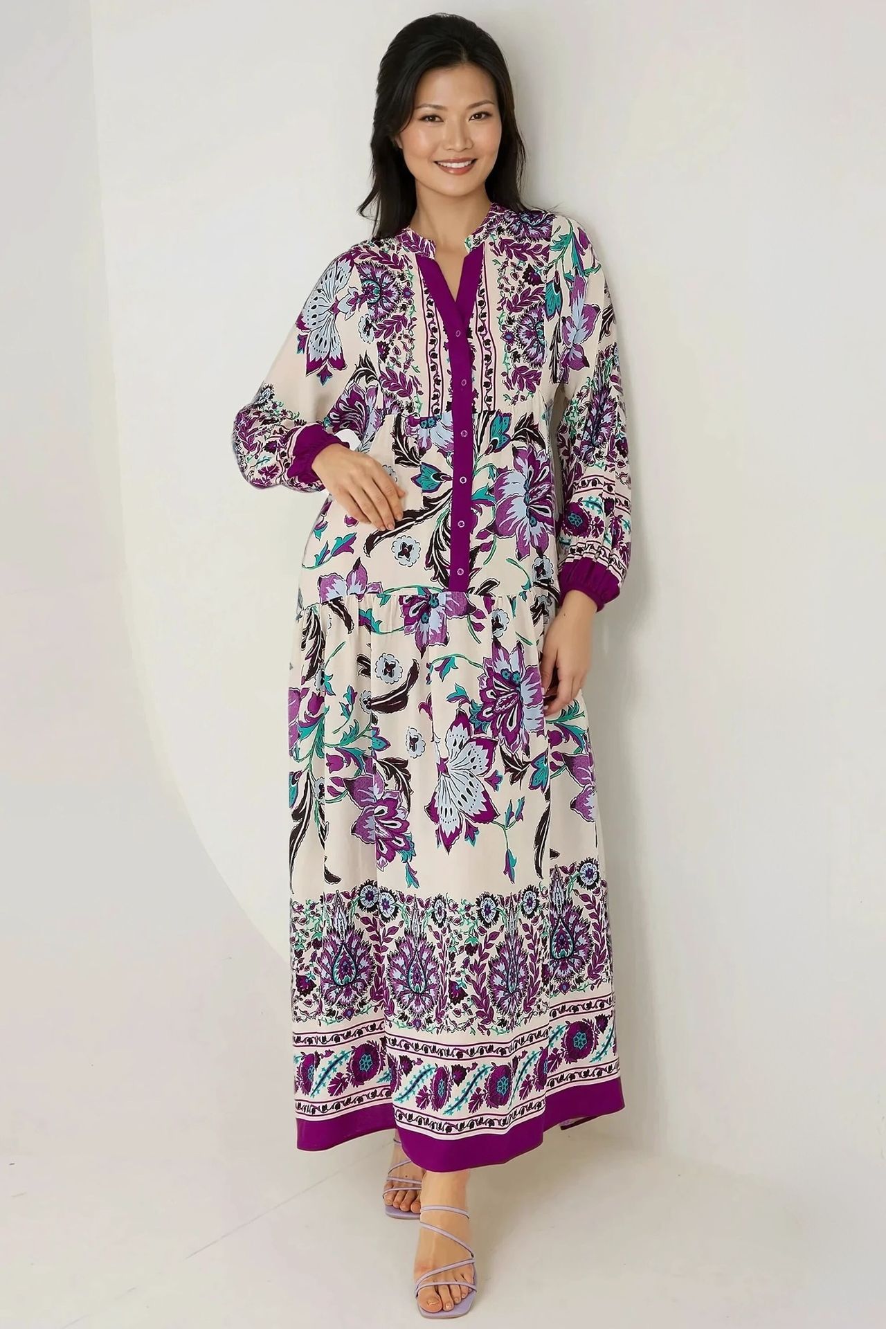 Printed Long Sleeve Viscose Maxi Dress 