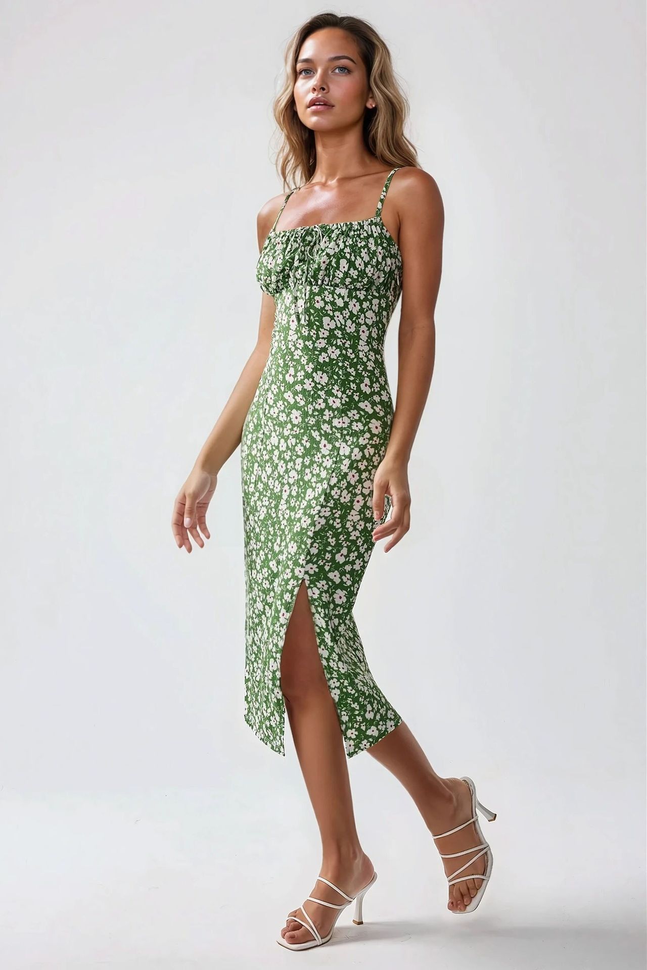 Allover Flower Print Bodycon Midi Dress with Slit