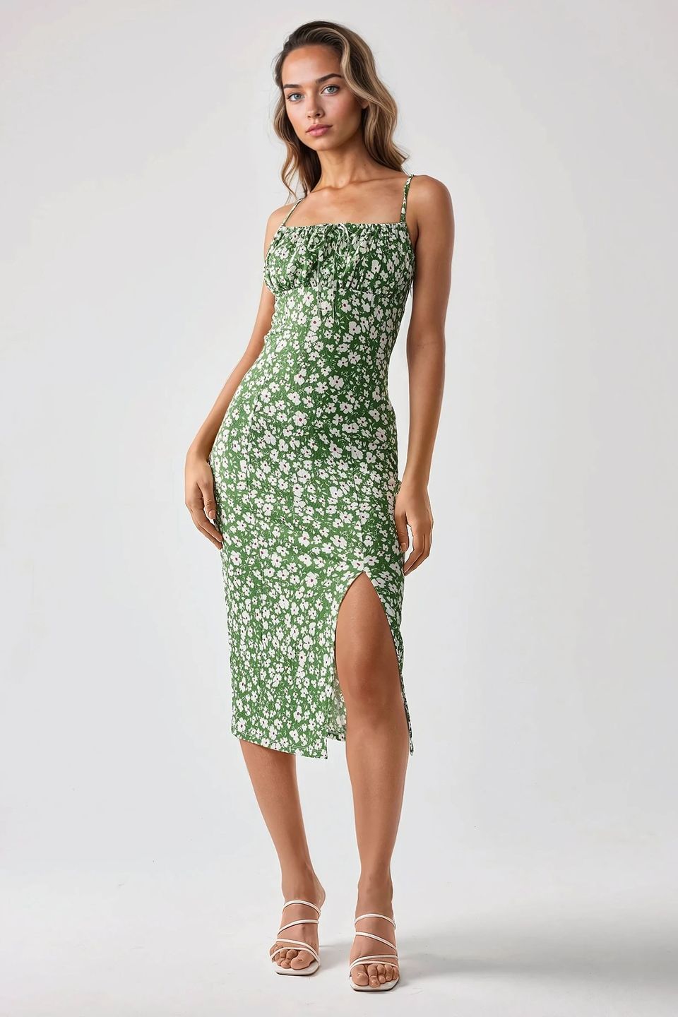 Allover Flower Print Bodycon Midi Dress with Slit