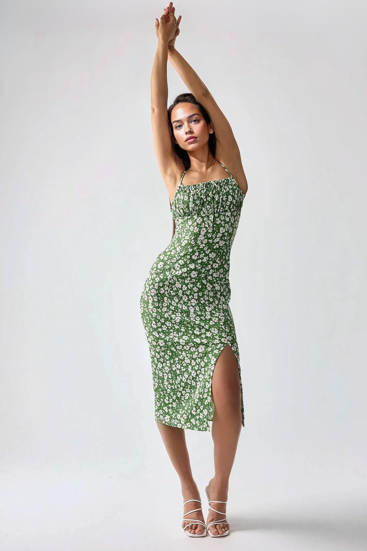 Allover Flower Print Bodycon Midi Dress with Slit