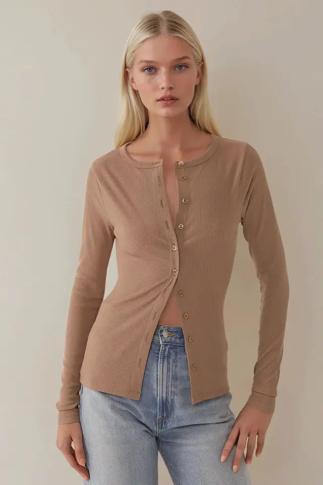 Crew Neck Button-Front Ribbed Knit Long Sleeve Cardigan Top