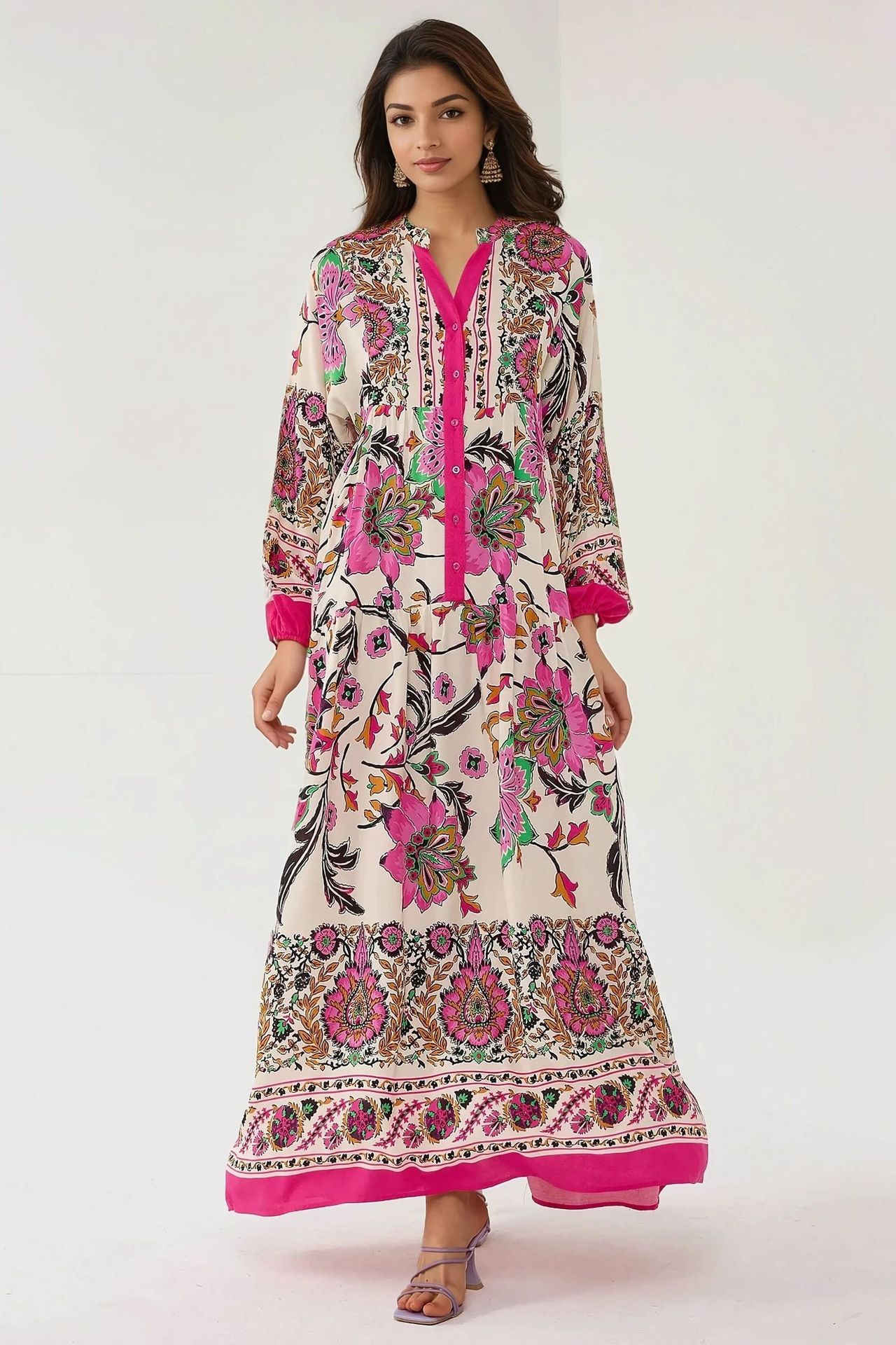 Printed Long Sleeve Viscose Maxi Dress 