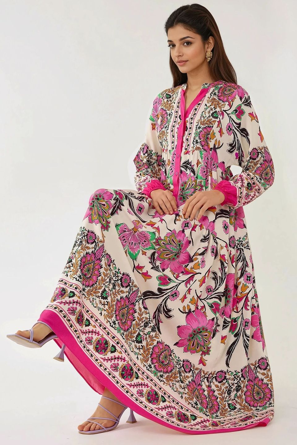 Printed Long Sleeve Viscose Maxi Dress 