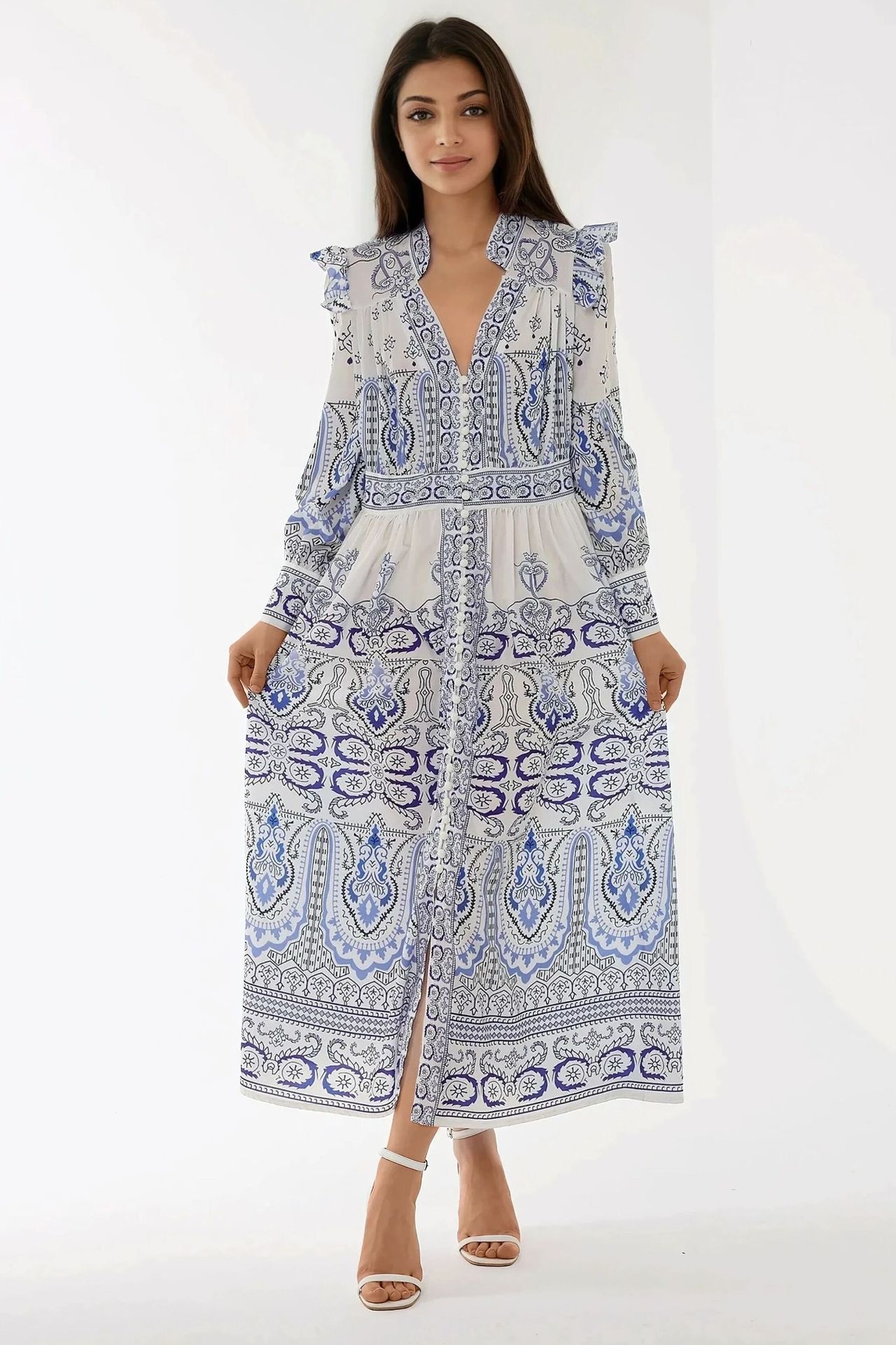 Printed V-Neck Maxi Dress with Ruffle Detail
