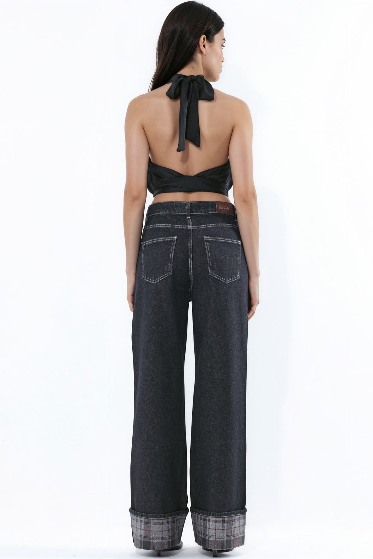 High Waist Wide Leg Jeans with Plaid Hem Detail