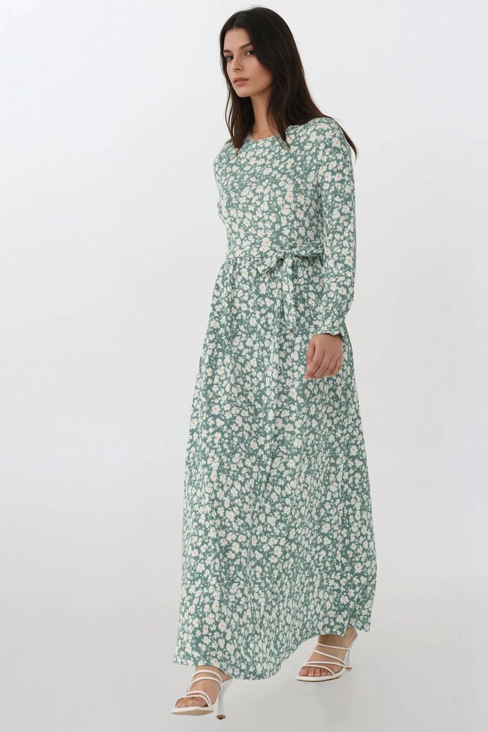 Flowering Crew Neck Maxi Dress with Belt