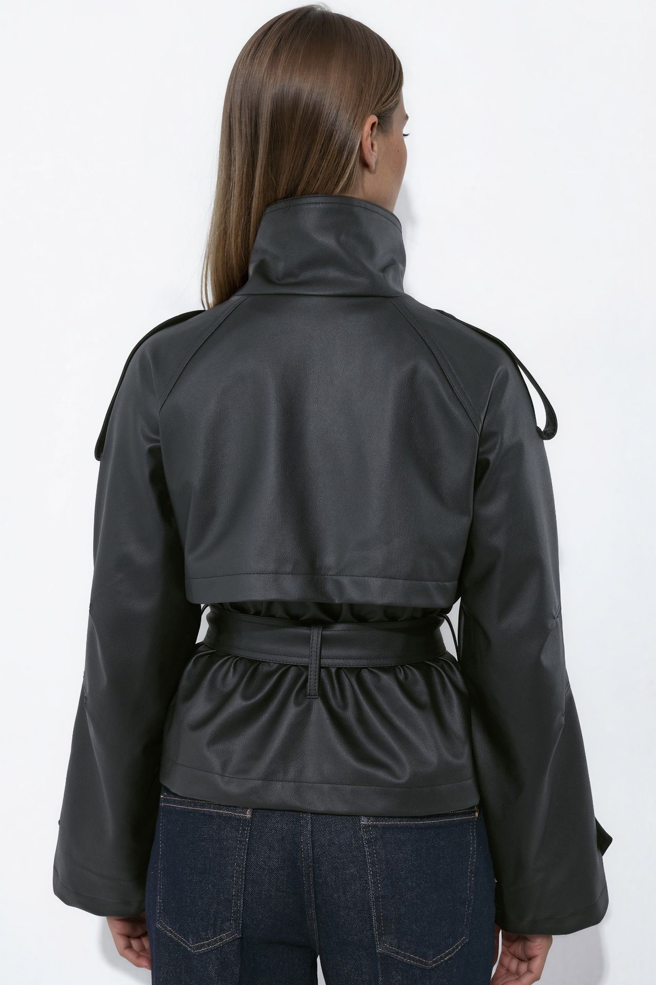 Short Faux Leather Trench Coat 3