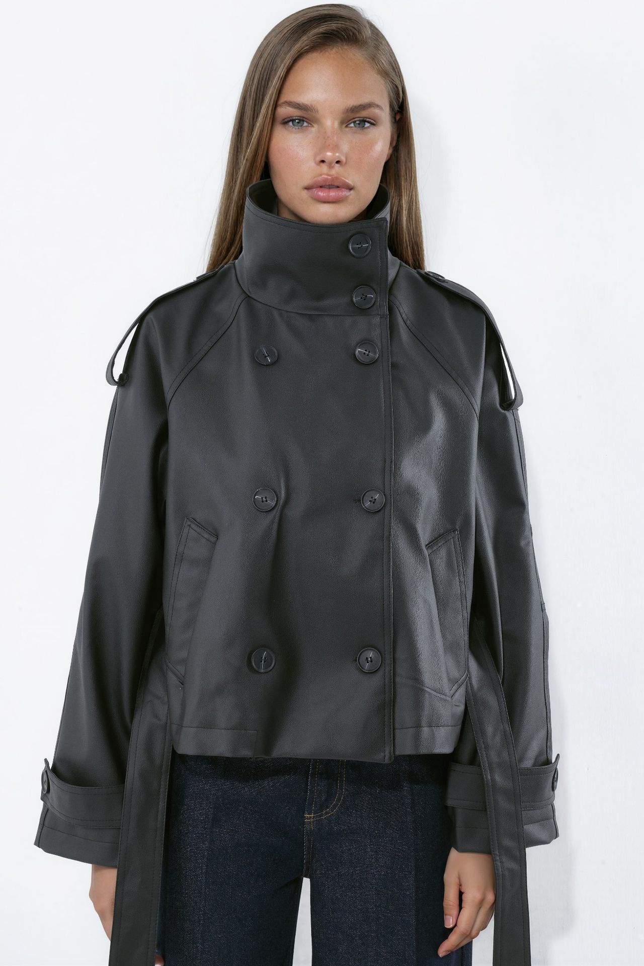 Short Faux Leather Trench Coat 7