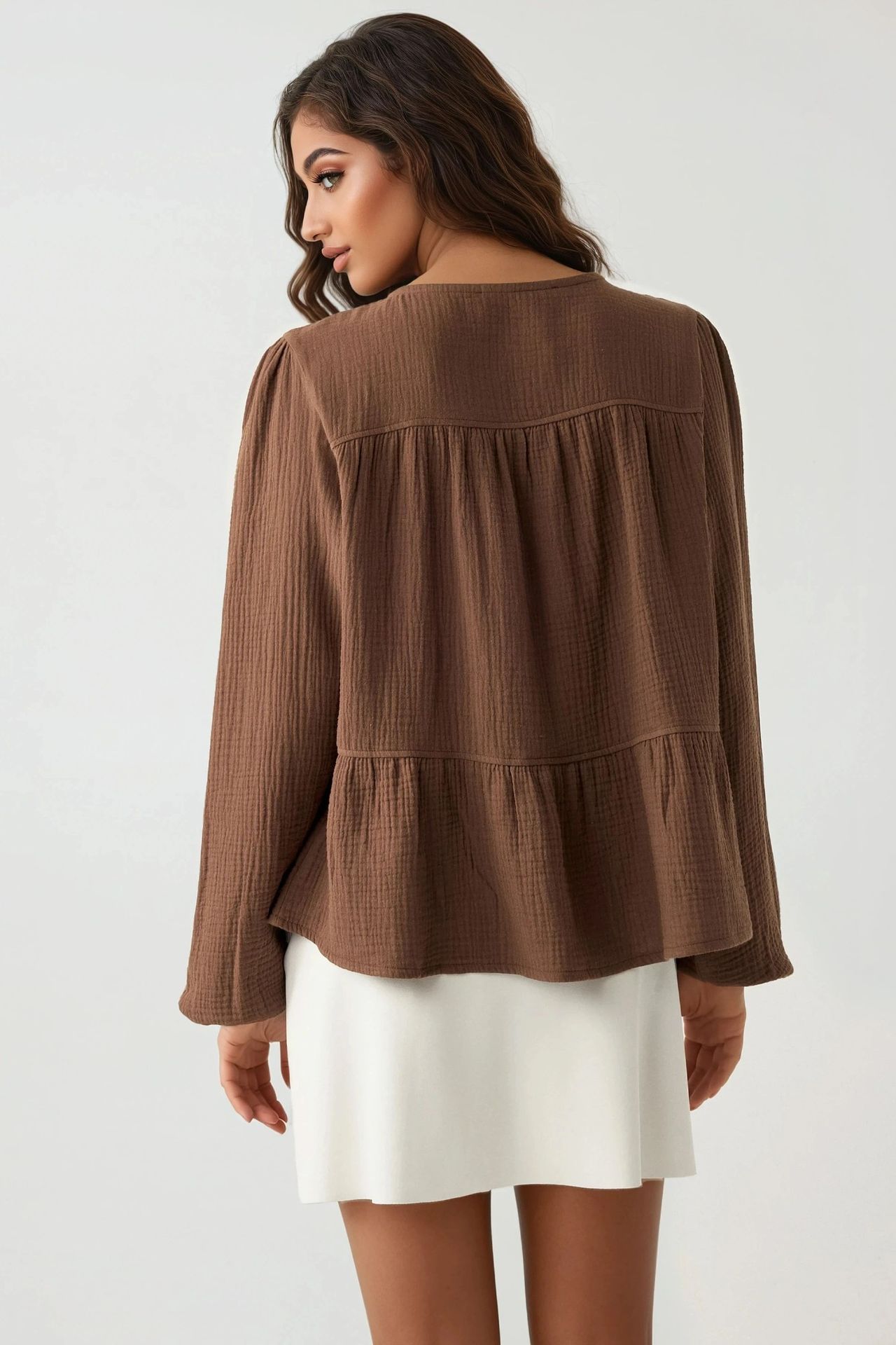 Crew Neck Long Sleeve Woven Muslin Blouse