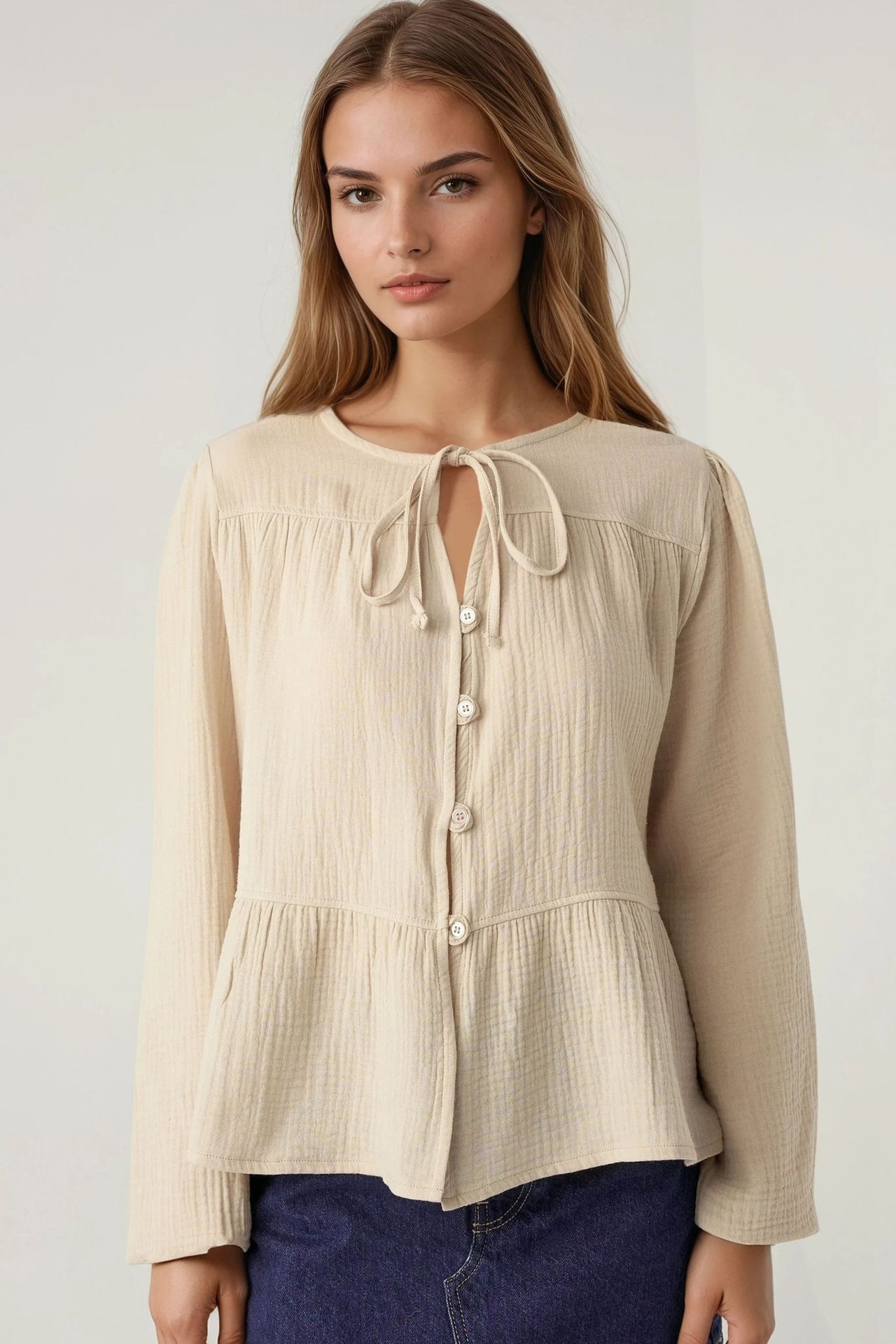 Crew Neck Long Sleeve Woven Muslin Blouse