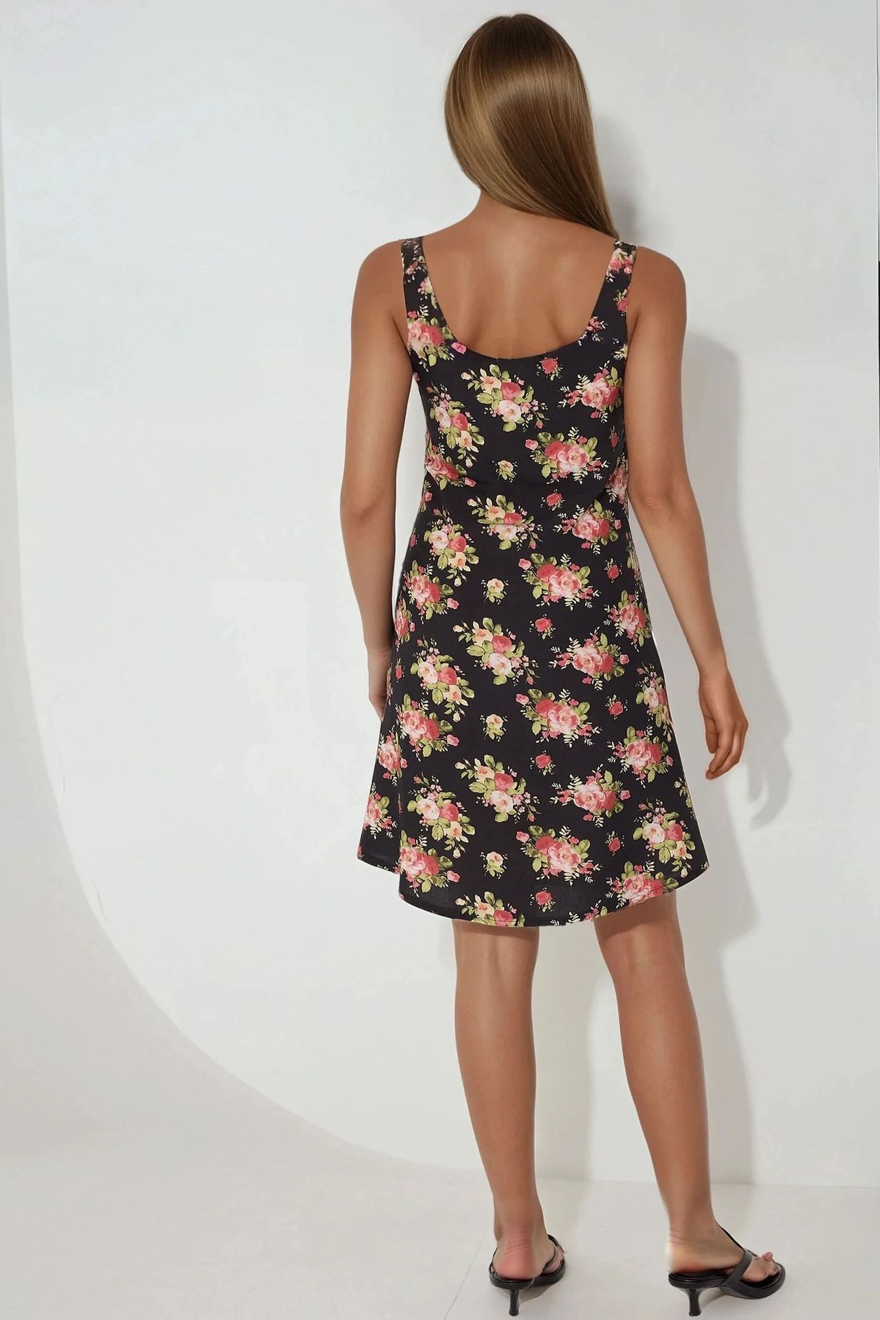 U Collar Printed Fitted Mini Dress