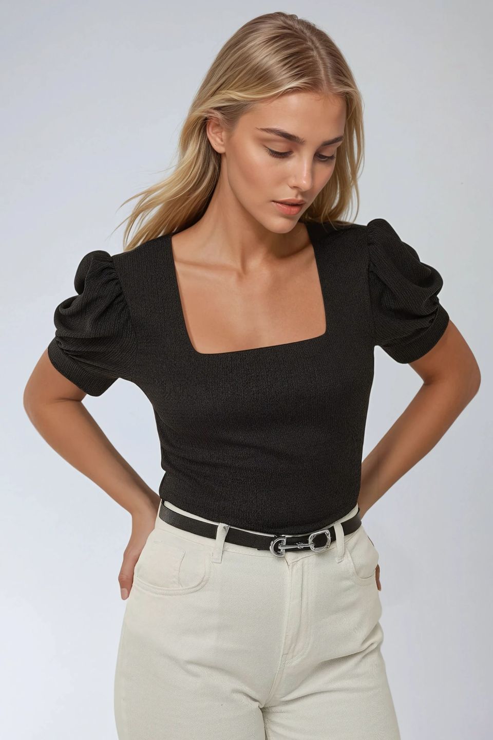 Square Neck Textured Fitted Blouse