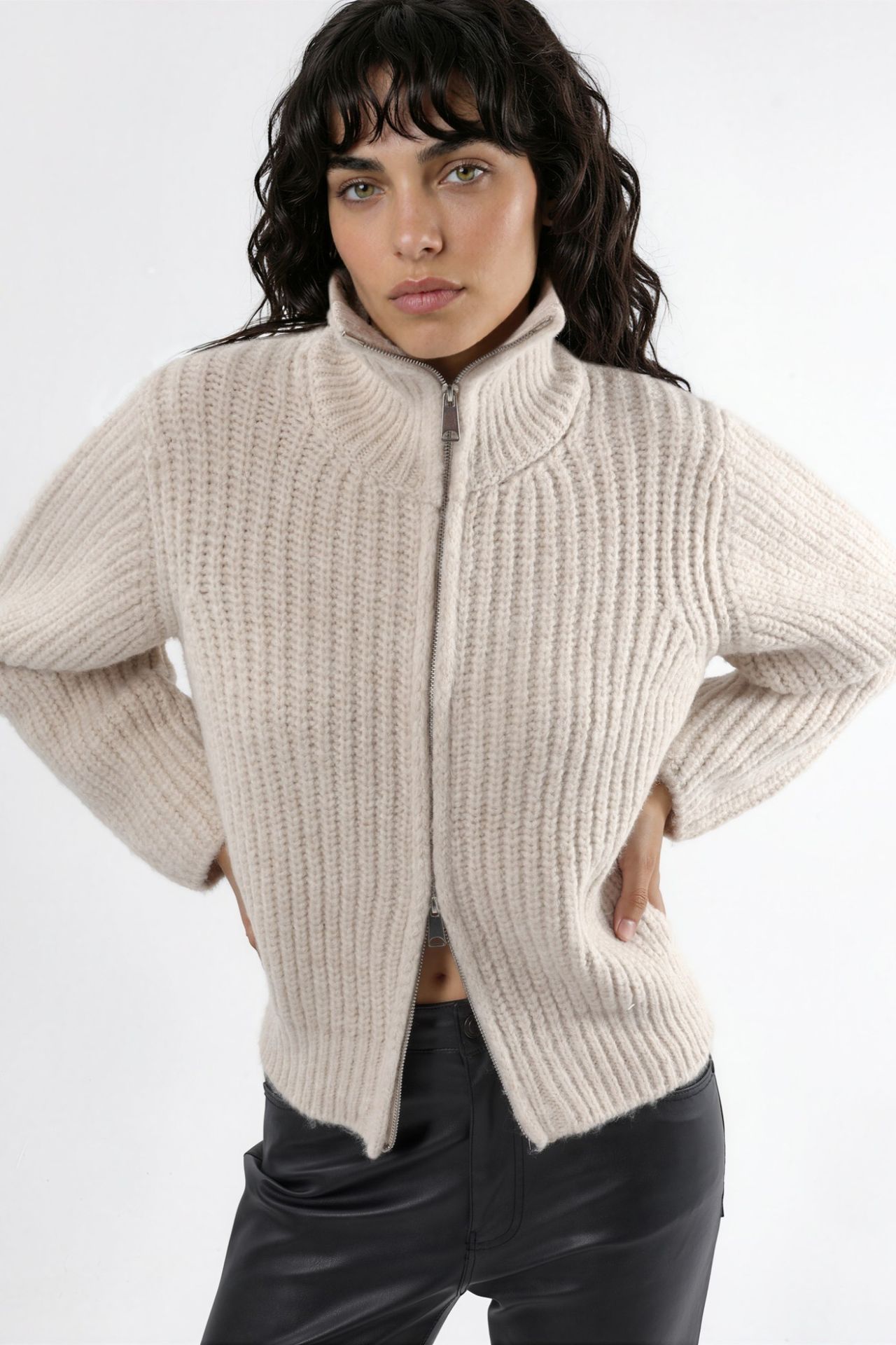 Thick Textured Turtleneck Zip-Up Cardigan
