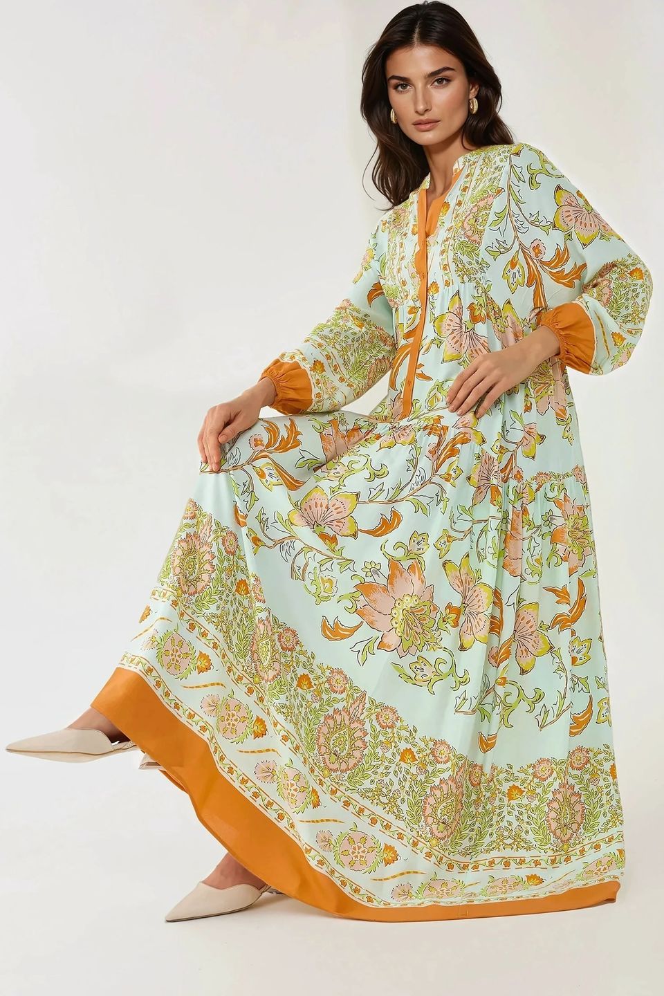 Printed Long Sleeve Viscose Maxi Dress 