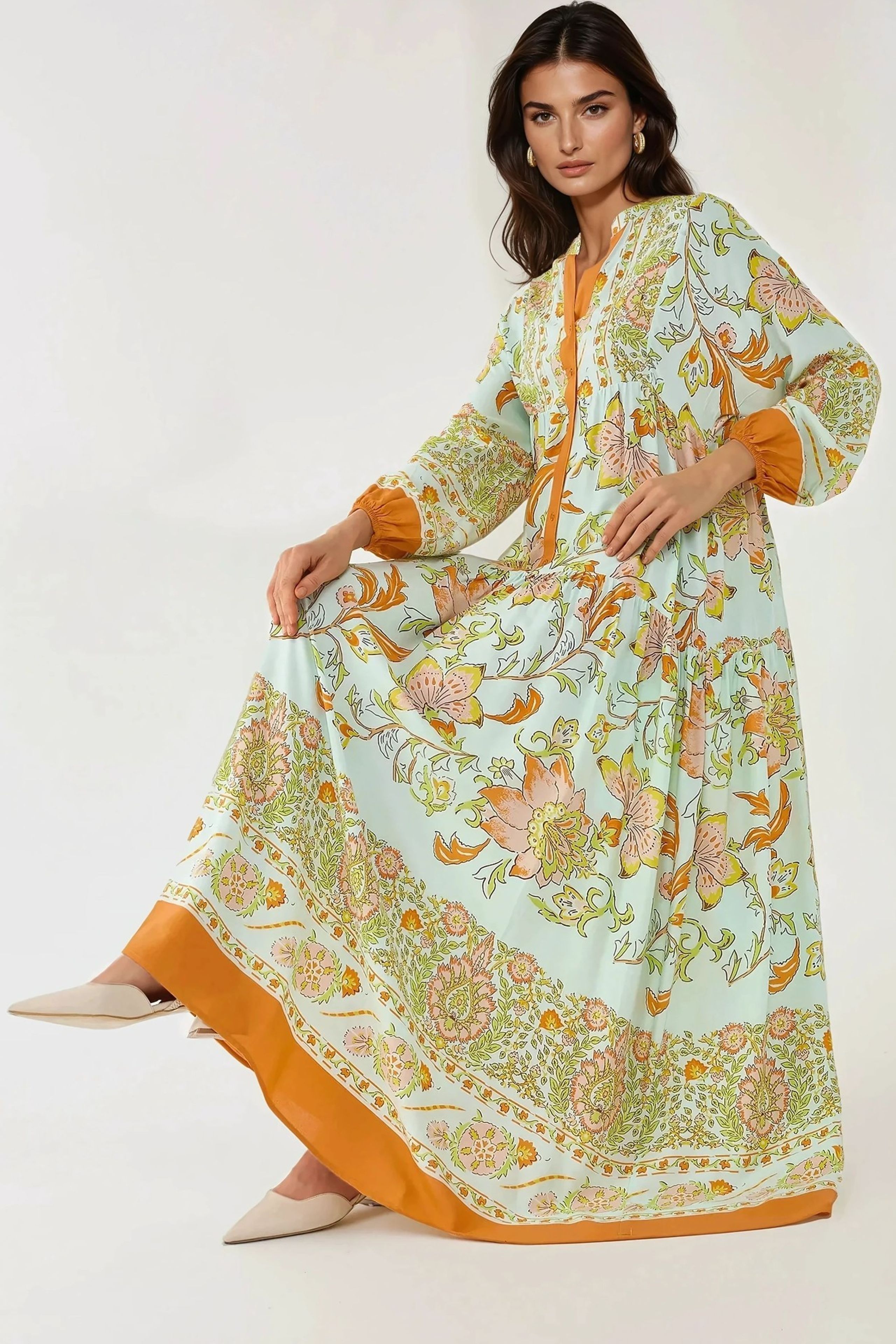 chinese dress ladies Long Sleeve Maxi Dress in Black