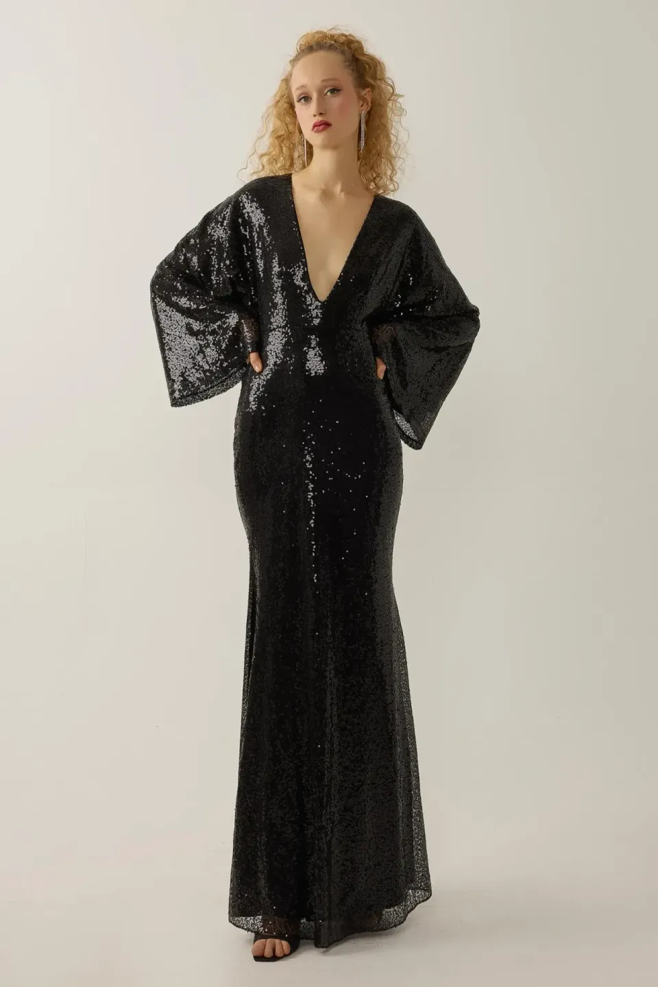 Sequin V-Neck Angel Sleeve Maxi Dress