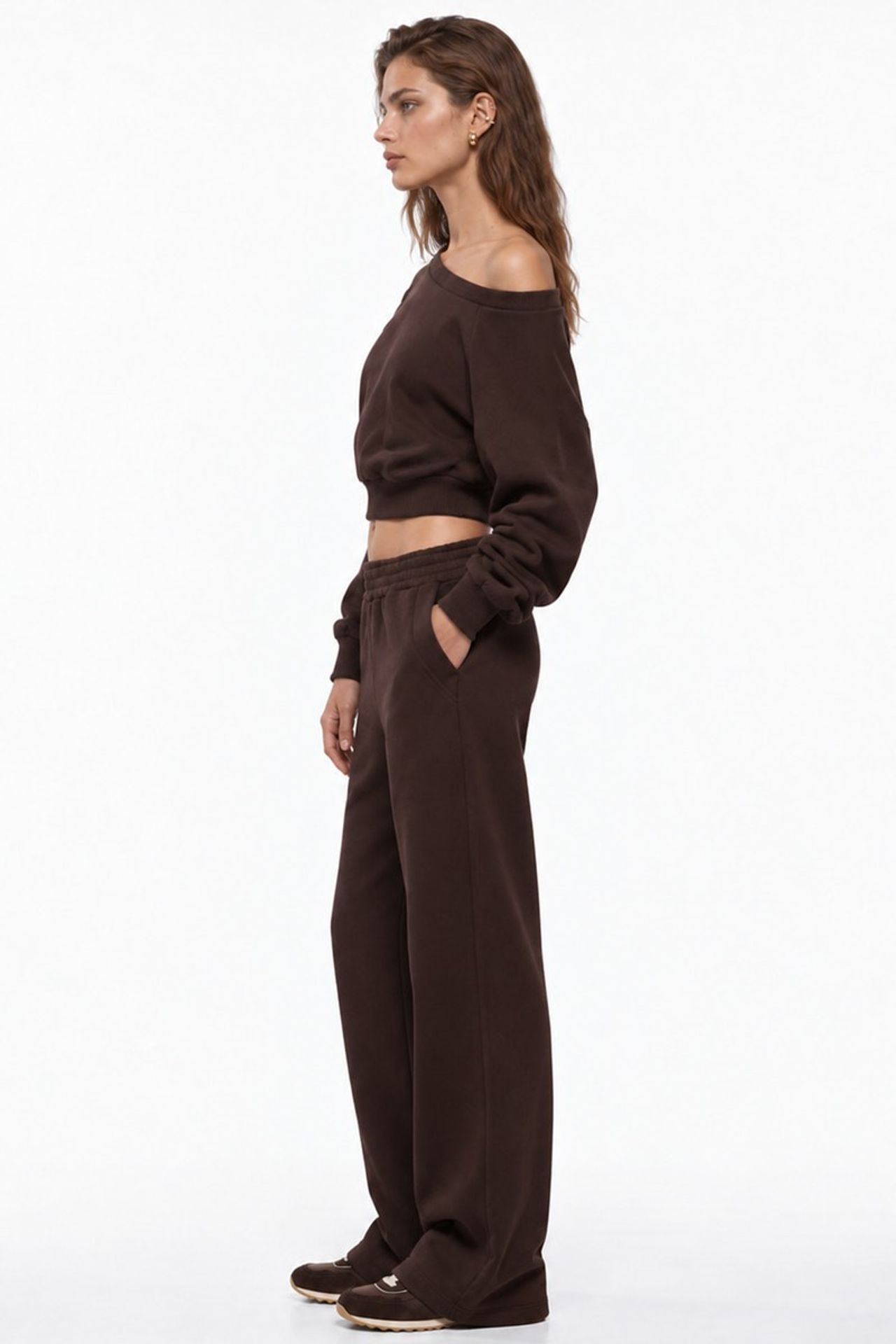 Long Sleeve Three-Thread Asymmetric Boat Neck Sweatshirt 5