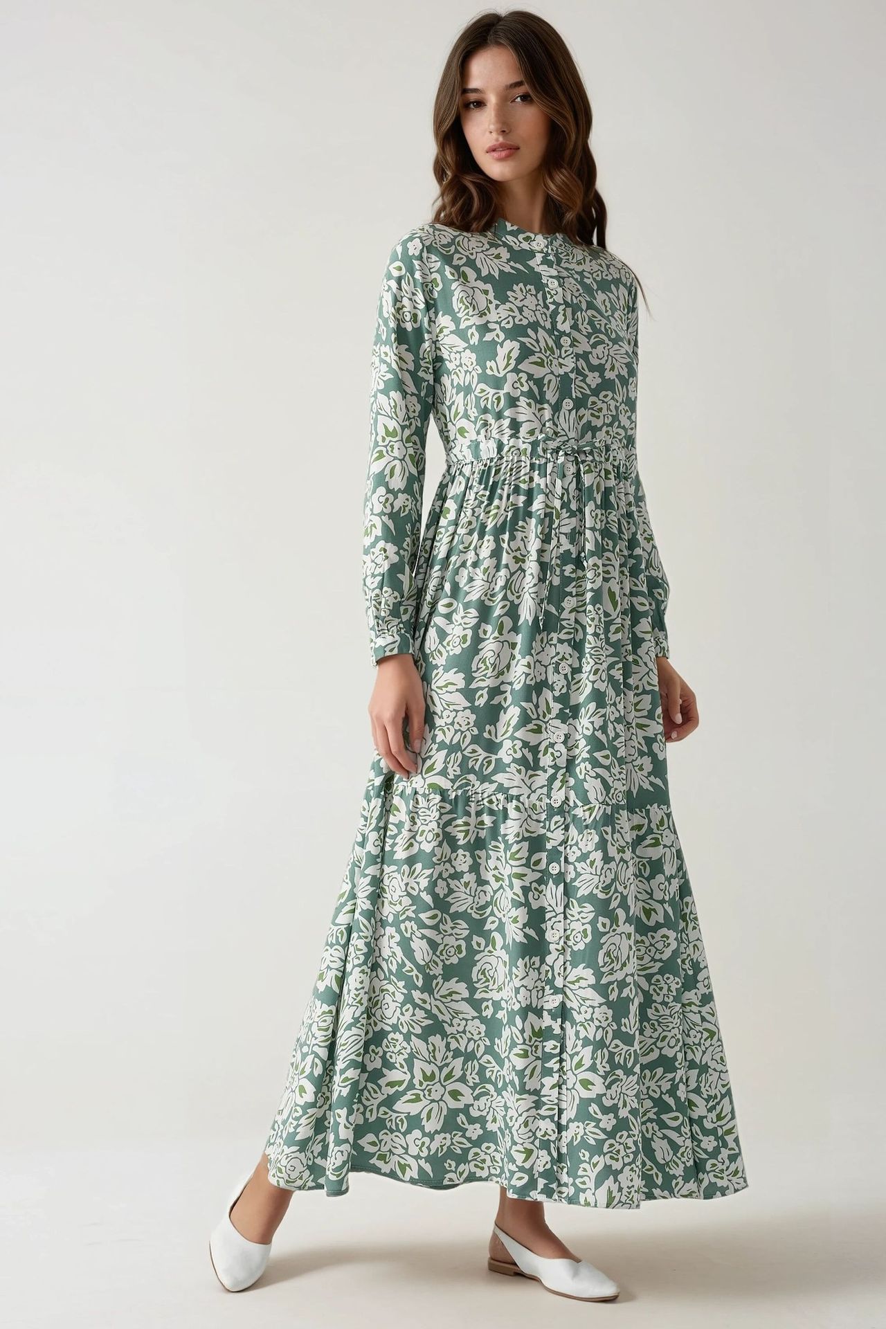 Printed Maxi Dress with Shirt Collar