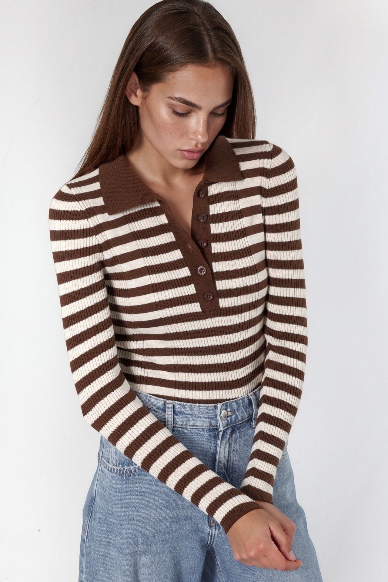 Striped Ribbed Button Polo Sweater 4