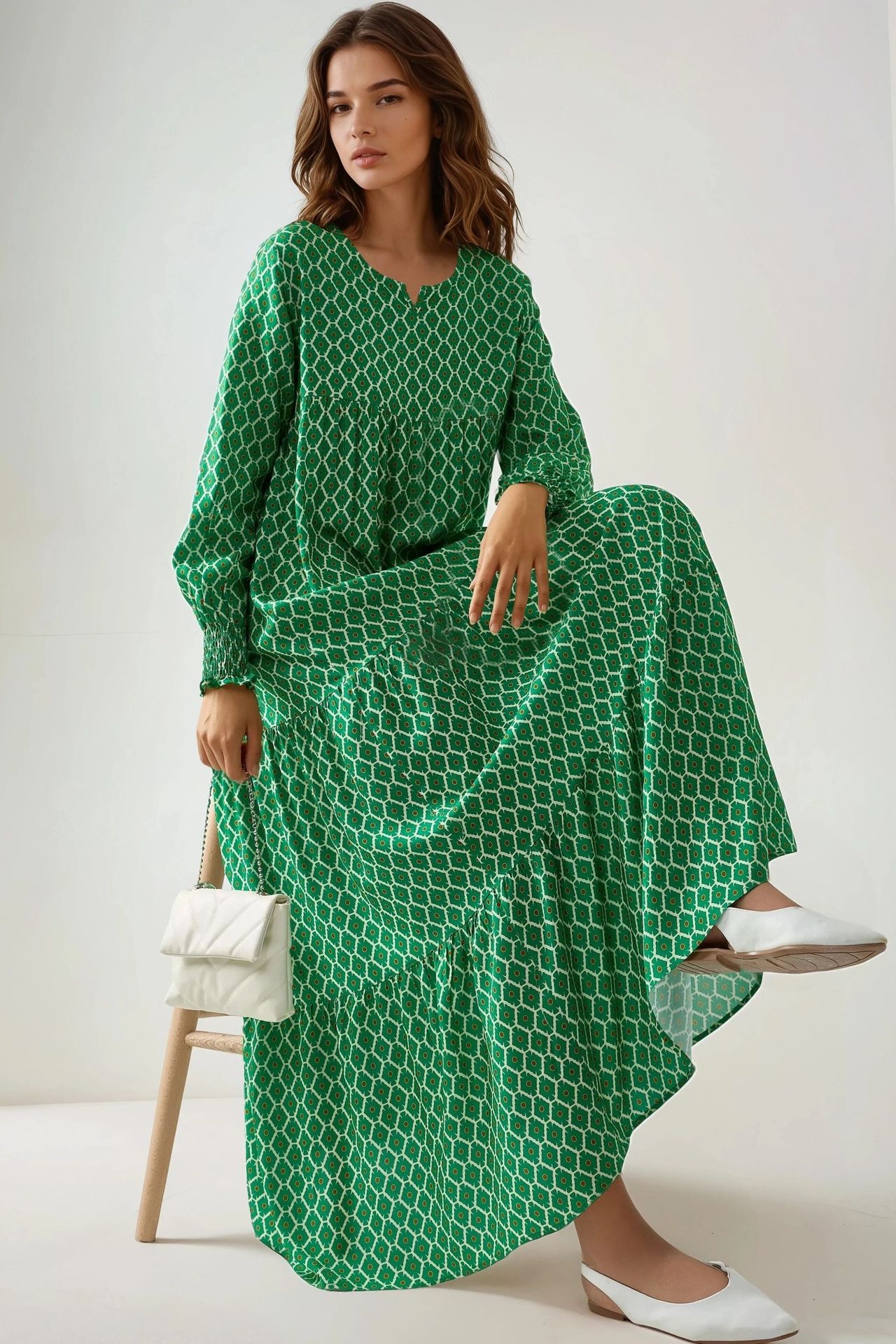 Printed Crew Neck Viscose Maxi Dress