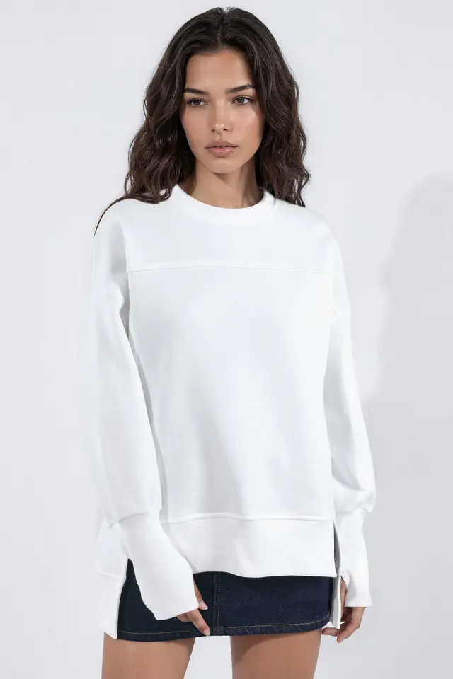 Crew Neck Oversized Sweatshirt with Front Slit