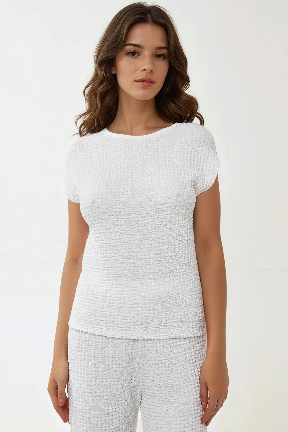 Textured Crew Neck Short Sleeve Top
