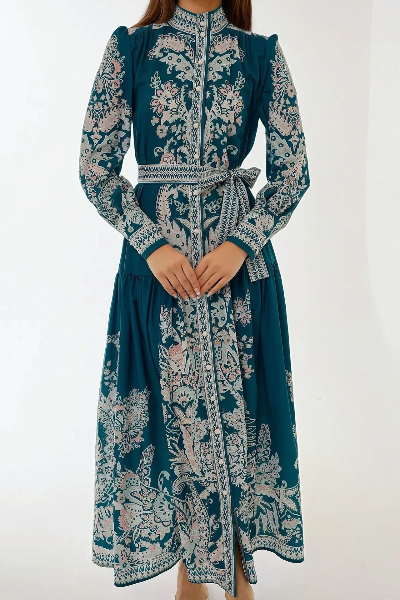 Printed Long Sleeve Maxi Dress with Belt