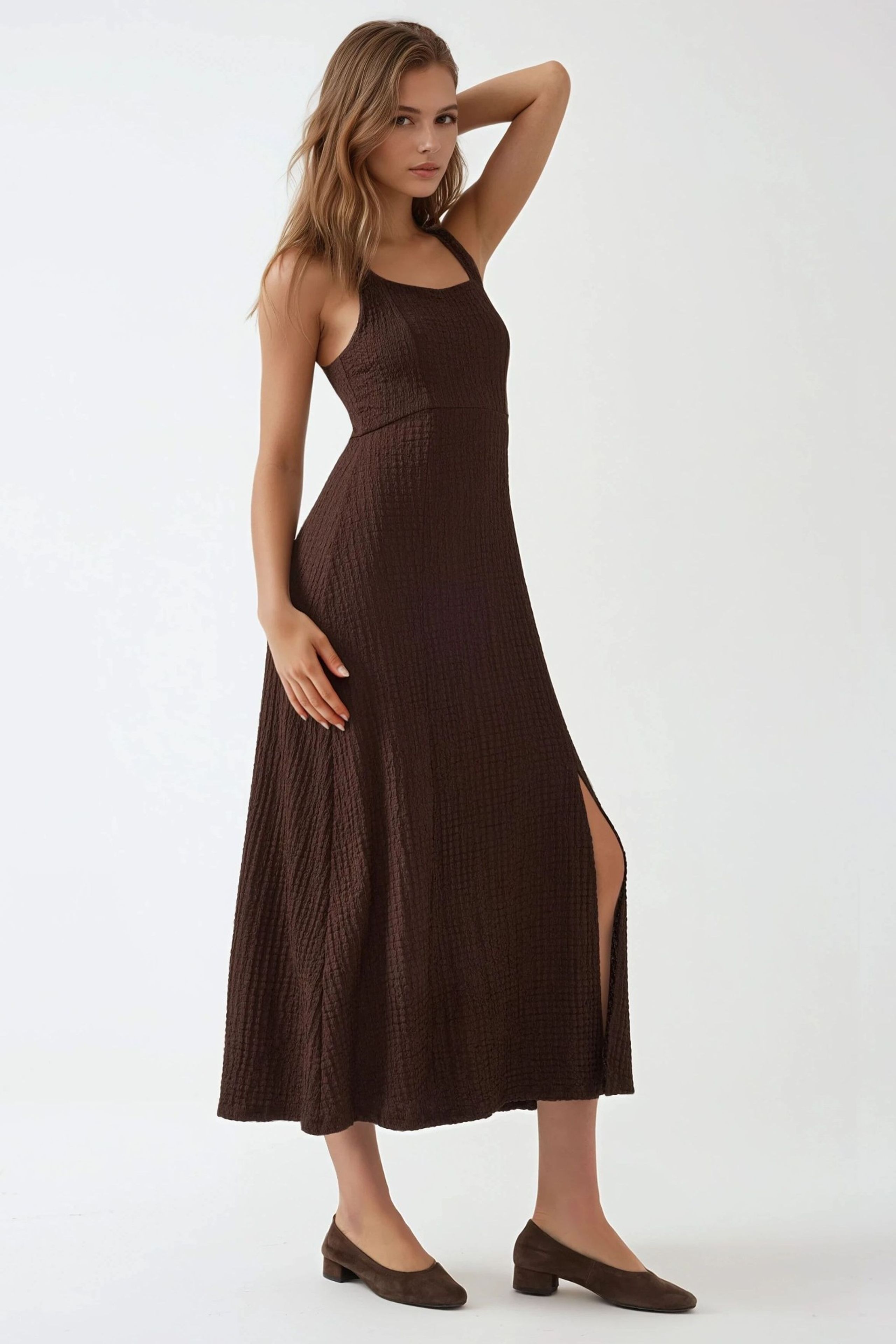 chocolate brown dress shoes women RARE London Women's RARE London Women's Brown Textured Tie Front Maxi Dress 6