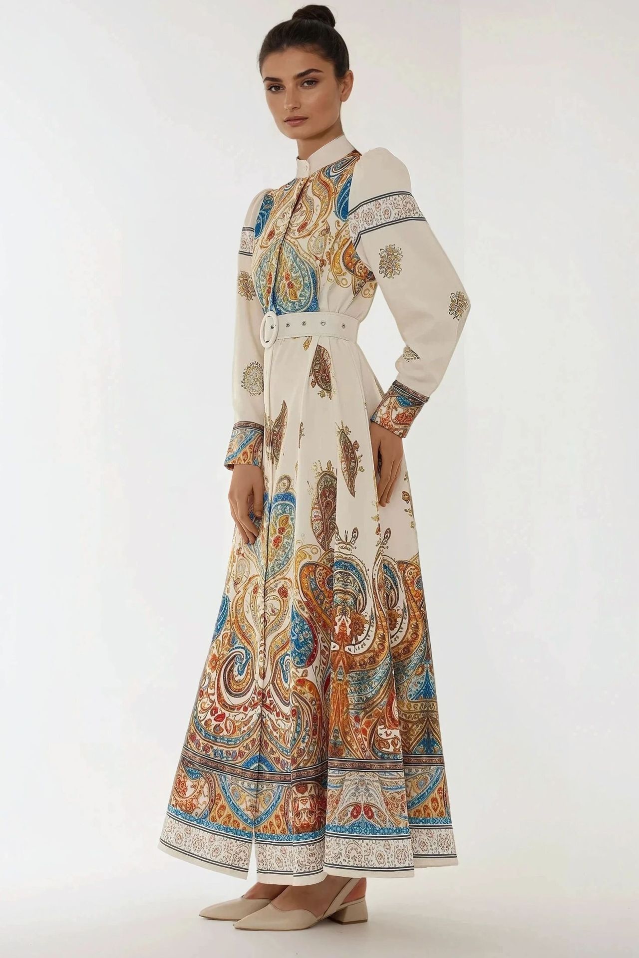 Printed A-Form Maxi Dress with Belt