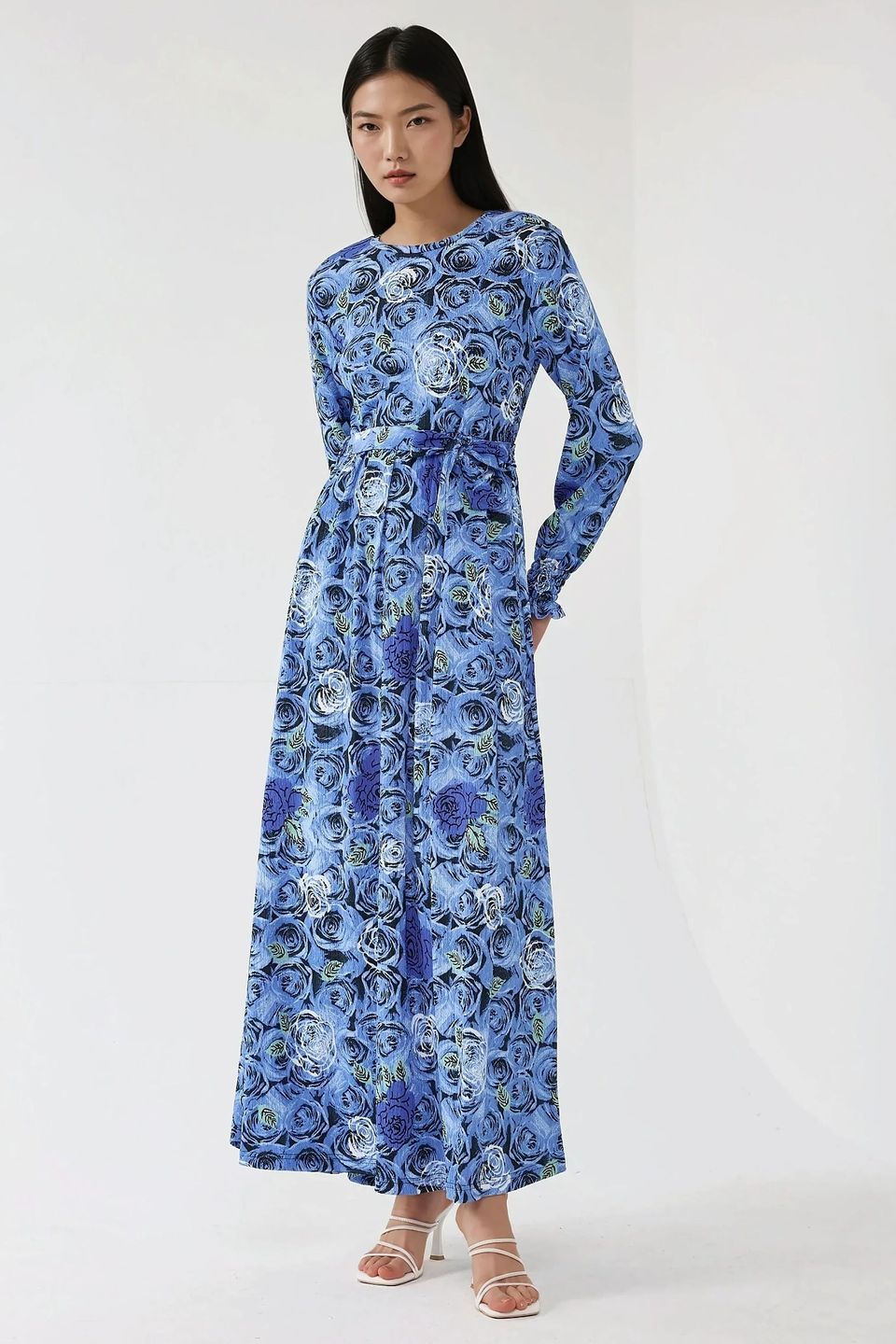 Floral Print Long Sleeve Maxi Dress with Belt