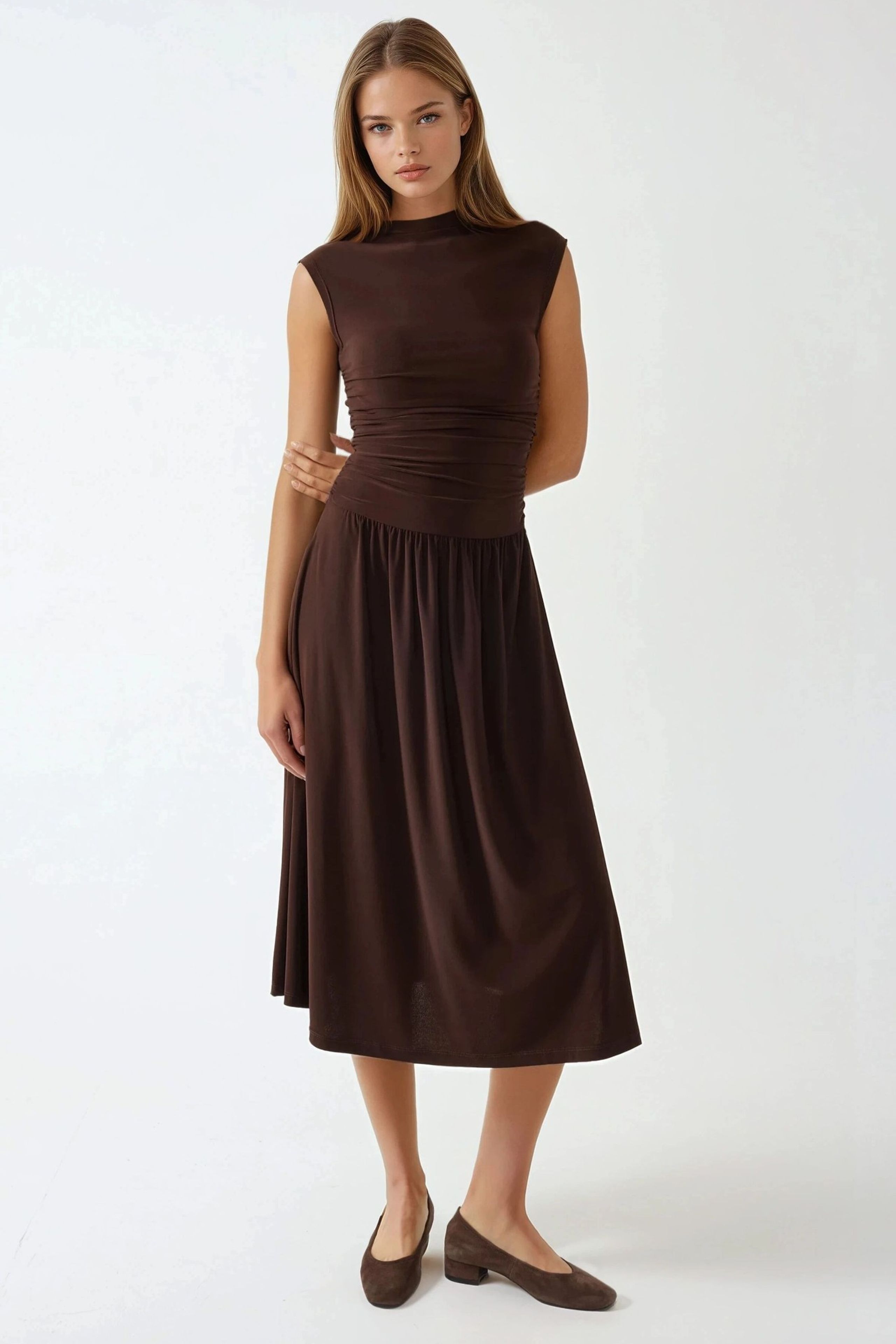 HiCCUP - Chestnut Brown Comfort Fit Midi Dress With Crew Neck Women