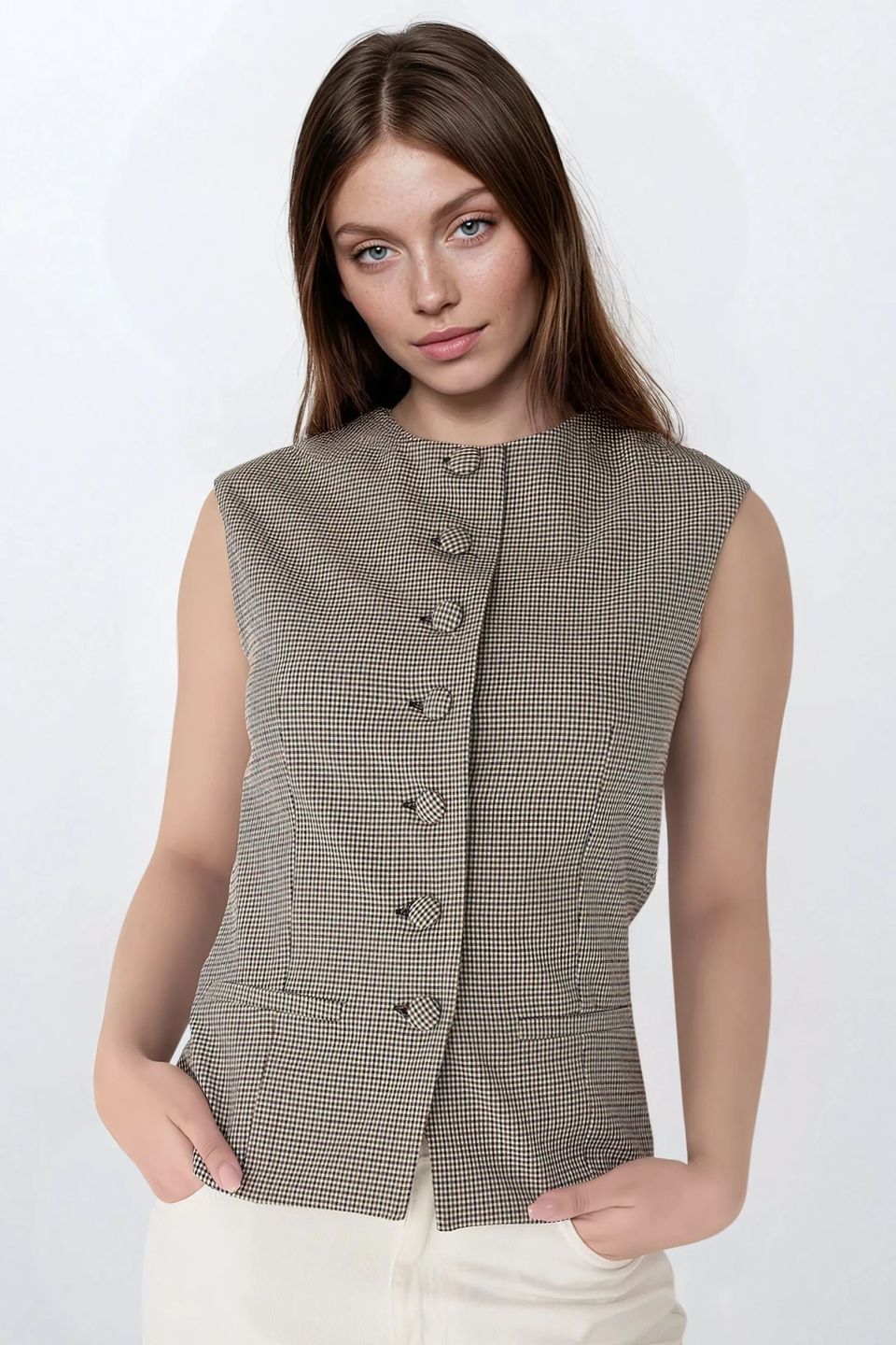 Plaid Fitted Crew Neck Waistcoat